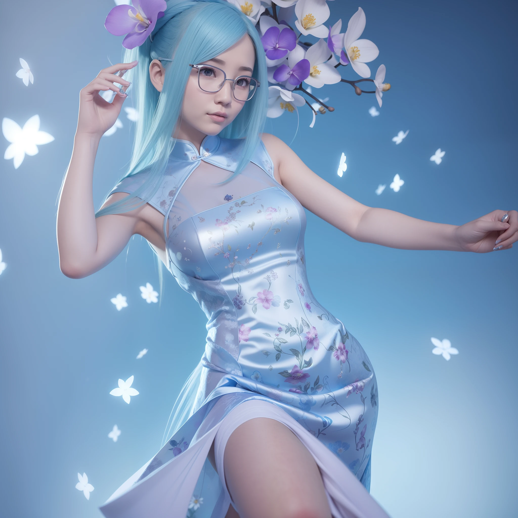 Glasses-free 3D cinematic special effects,Light blue-haired woman,Wearing a cheongsam with a silver orchid floral pattern,Reach out with a feminine expression,