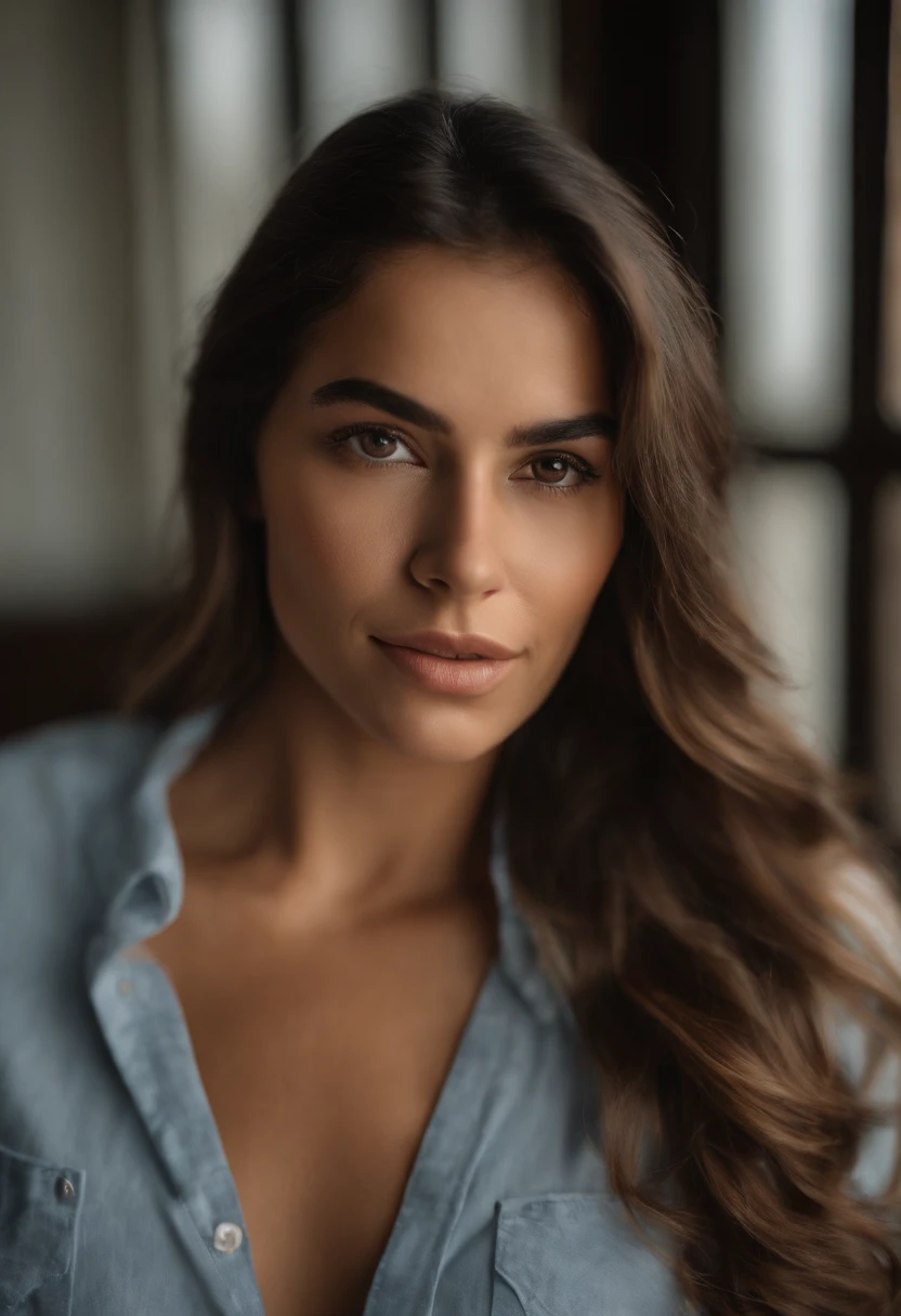 Generates a high-resolution 8K image that captures Fernanda Henriquez, a beautiful 23-year-old from Colombia, en su totalidad. El escenario es su propio dormitorio, lo que ofrece un vistazo a su espacio personal. Los rasgos faciales de Fernanda son el enfoque principal de la imagen. She has an oval face with a perfectly symmetrical jaw.. Their lips are medium in size and well defined, and its small spinning nose gives its face a distinctive character. His eyes are black and perfectly placed on his face., radiating youthful energy and zest for life. Sus finas cejas oscuras enmarcan sus ojos hermosamente y complementan su cabello oscuro. Fernanda is dressed casually in a black shirt and a pair of jeans., reflecting a relaxed and comfortable atmosphere. Your hair is casually styled, emphasizing the intimate and personal nature of the scene. Hold your phone, taking a selfie and illuminating your face with a soft, warm screen light. The image should mimic the style of a professional full-body photograph, con un enfoque claro en el rostro de Fernanda. El fondo, showing details of your room, is subtly blurred to maintain emphasis on it. The overall aesthetic should be intimate, relajada y juvenil, capturando un momento genuino y personal en la vida de Fernanda.
