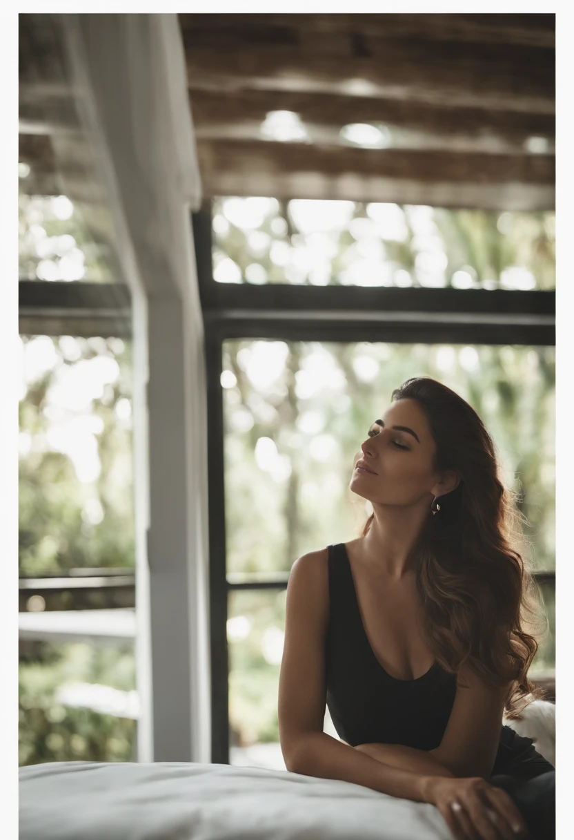 Generates a high-resolution 8K image that captures Fernanda Henriquez, a beautiful 23-year-old from Colombia, en su totalidad. El escenario es su propio dormitorio, lo que ofrece un vistazo a su espacio personal. Los rasgos faciales de Fernanda son el enfoque principal de la imagen. She has an oval face with a perfectly symmetrical jaw.. Their lips are medium in size and well defined, and its small spinning nose gives its face a distinctive character. His eyes are black and perfectly placed on his face., radiating youthful energy and zest for life. Sus finas cejas oscuras enmarcan sus ojos hermosamente y complementan su cabello oscuro. Fernanda is dressed casually in a black shirt and a pair of jeans., reflecting a relaxed and comfortable atmosphere. Your hair is casually styled, emphasizing the intimate and personal nature of the scene. Hold your phone, taking a selfie and illuminating your face with a soft, warm screen light. The image should mimic the style of a professional full-body photograph, con un enfoque claro en el rostro de Fernanda. El fondo, showing details of your room, is subtly blurred to maintain emphasis on it. The overall aesthetic should be intimate, relajada y juvenil, capturando un momento genuino y personal en la vida de Fernanda.