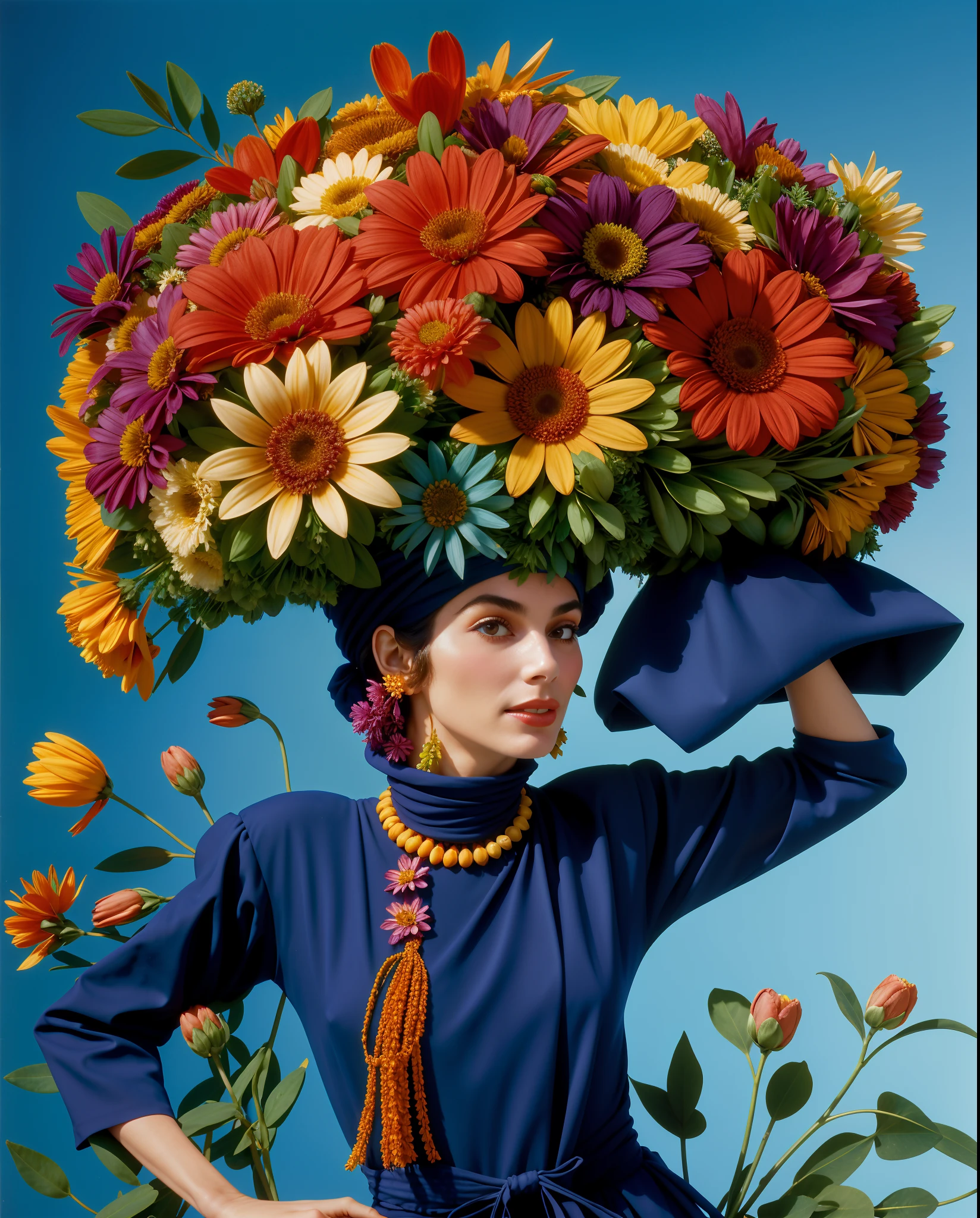 arafed woman with a large bouquet of flowers on her head, covered with flowers, inspired by Modest Urgell, 1960s orientalism, turban of flowers, carrying flowers, woman in flowers, by Bert Stern, flower head, covered in flowers, clothes made out of flower, art deco flower shaman, flower queen, floral headdress