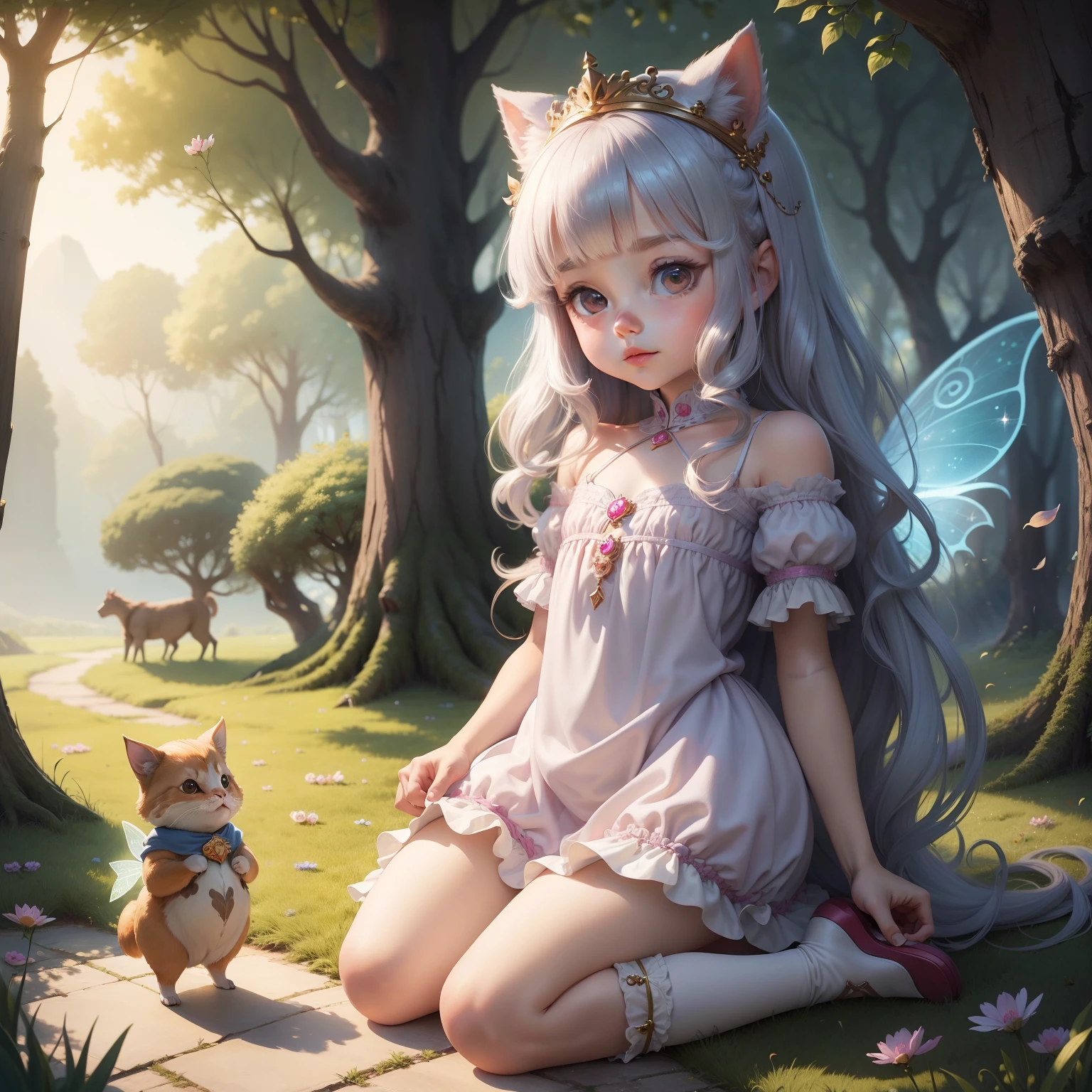 Fairy tale picture book,Cute princess and her little animal,Dreamy,high quarity,16K resolution,(best qualtiy),(tmasterpiece),super-fine,Detailed pubic hair,acurate