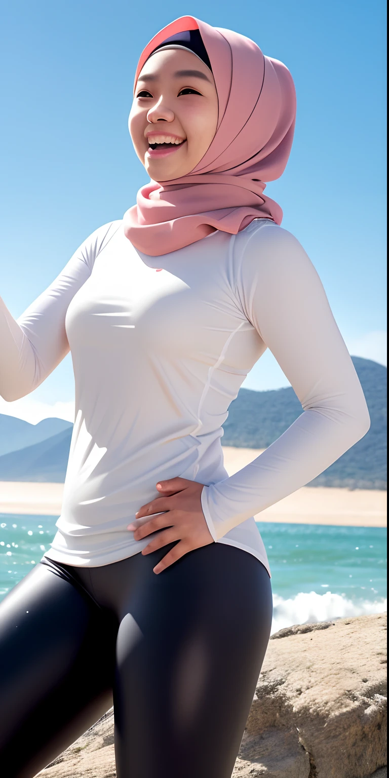 (best quality, masterpiece), 1 malay girl in hijab, paw pose, smile, laughing, ocean, long sleeve white tshirt, leggings, freckles, blush, looking at viewer, cloud, splashing, waves, sun, mountain, wet