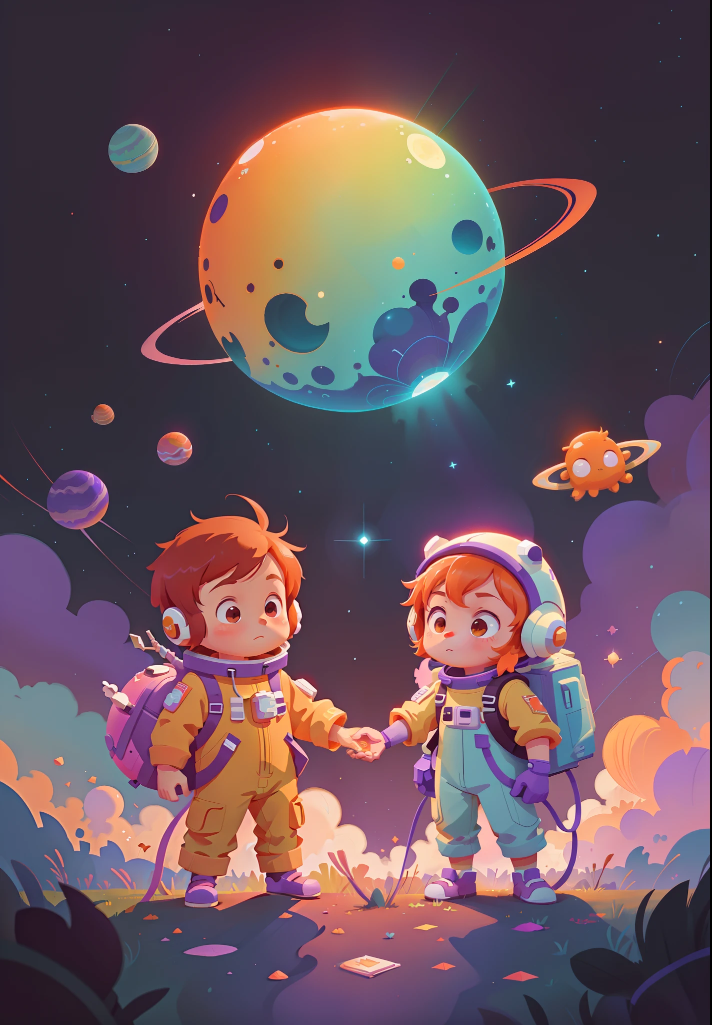 The background color is orange、red colour、purpleish color,The color of the clothes is pink、purpleish color,Astronauts in space with planets in the background, small astronauts, Cute detailed digital art, Pisif, A beautiful artwork illustration, The astronaut, cute astronaut sticker art, In space, author:Chen Jiesheng, cyril rolando and goro fujita, Pisif Contest Champion, Beeple and Jeremiah Ketner, adorable digital art, in the space