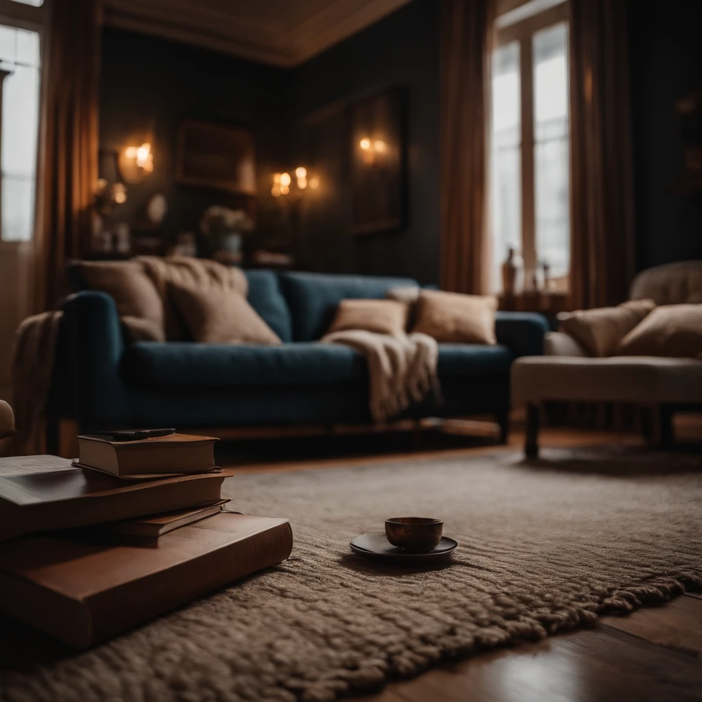 A living room with a couch and a book on the rug
