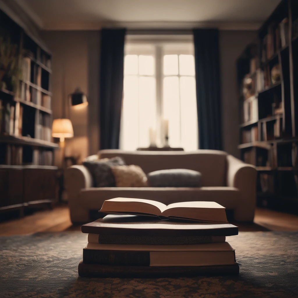 A living room with a couch and a book on the rug