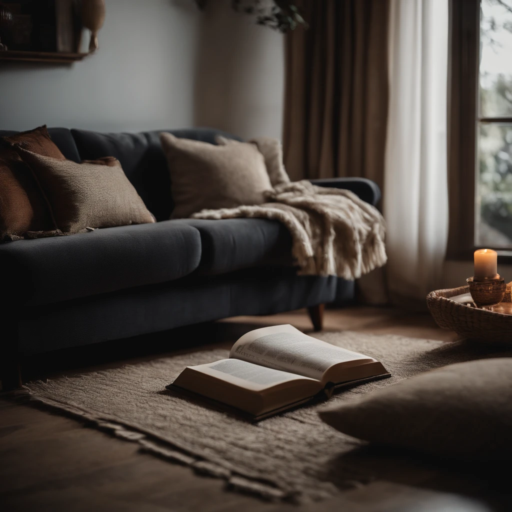 A living room with a couch and a book on the rug