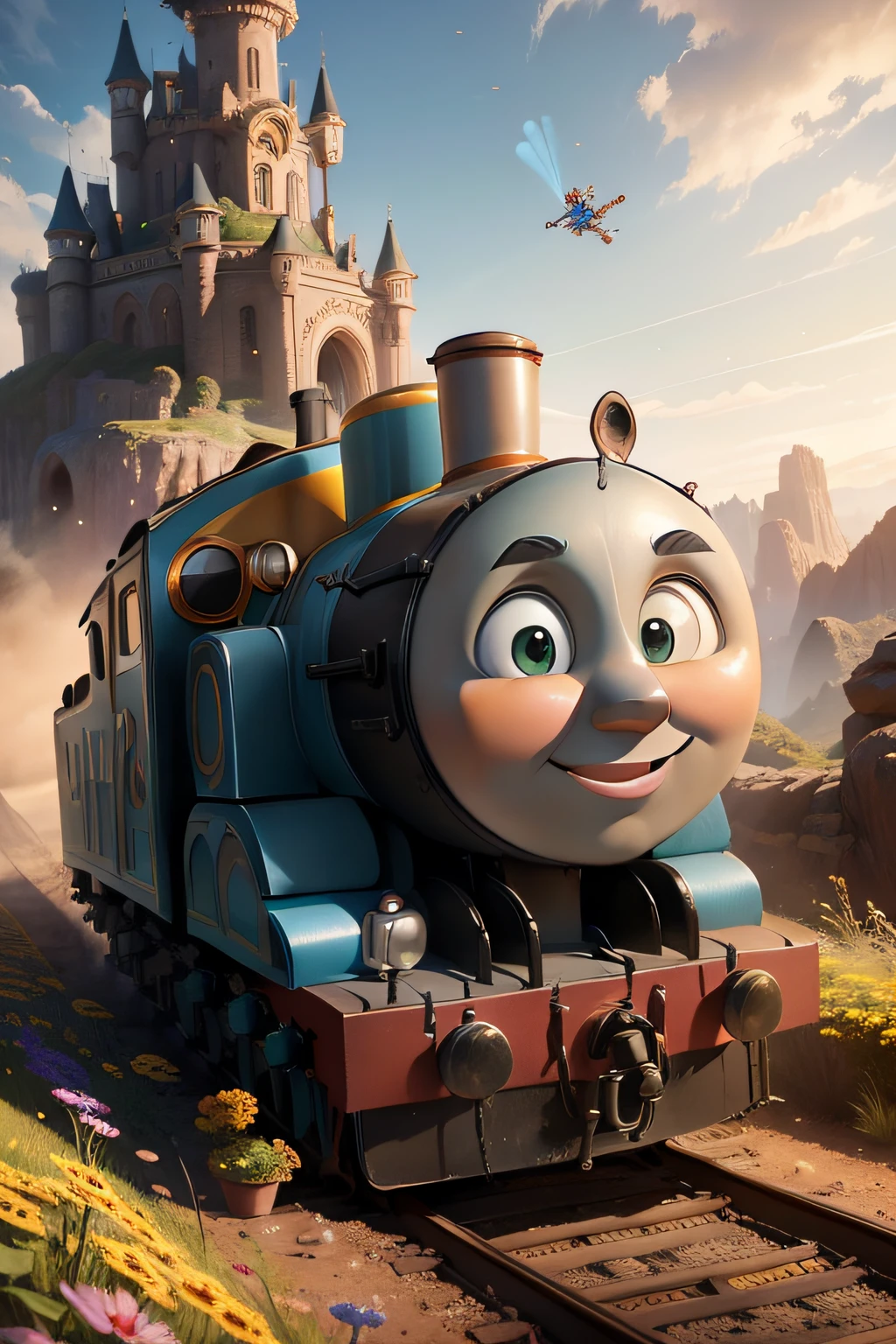 (realistic,pixar style,thomas the tank engine),vibrant colors,beautiful landscapes,cartoonish details,fine brushwork,great attention to detail,expressive characters,charming atmosphere,toy-like textures,playful lighting,scenic backgrounds,happy and joyful mood,action-packed scenes,cute and lovable character designs,fast-paced storytelling,breathtaking animation,meticulous rendering,high-quality 3D models,intricate set designs,impressive visual effects,endearing facial expressions,captivating adventures,surreal and imaginative world,enchanting music and sound effects,cinematic camera angles,storybook-like visuals,colorful and dynamic compositions,full of energy and excitement,heartwarming moments,fantasy and wonder,memorable and engaging narratives.