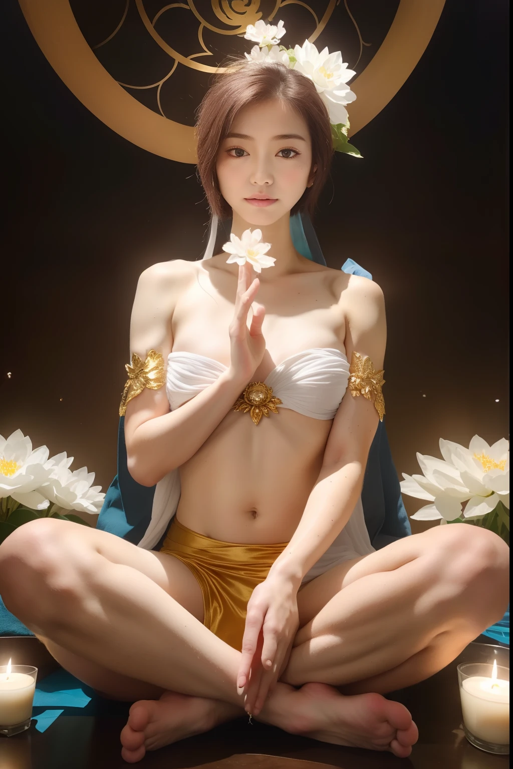 Female Bodhisattva , Super beautiful, 8K, medium breasts⁩, A meditative, A clear pale white cloth covered a small part of her body, （Do yoga lotus sitting）,（Sitting on a lotus flower）， An array of golden magic was swirling behind her, A magical aura surrounded her parts, Magical, Fantasy, Male and female gender background, (Four elements, fire, Water, Surround it),（Normal hands and feet）