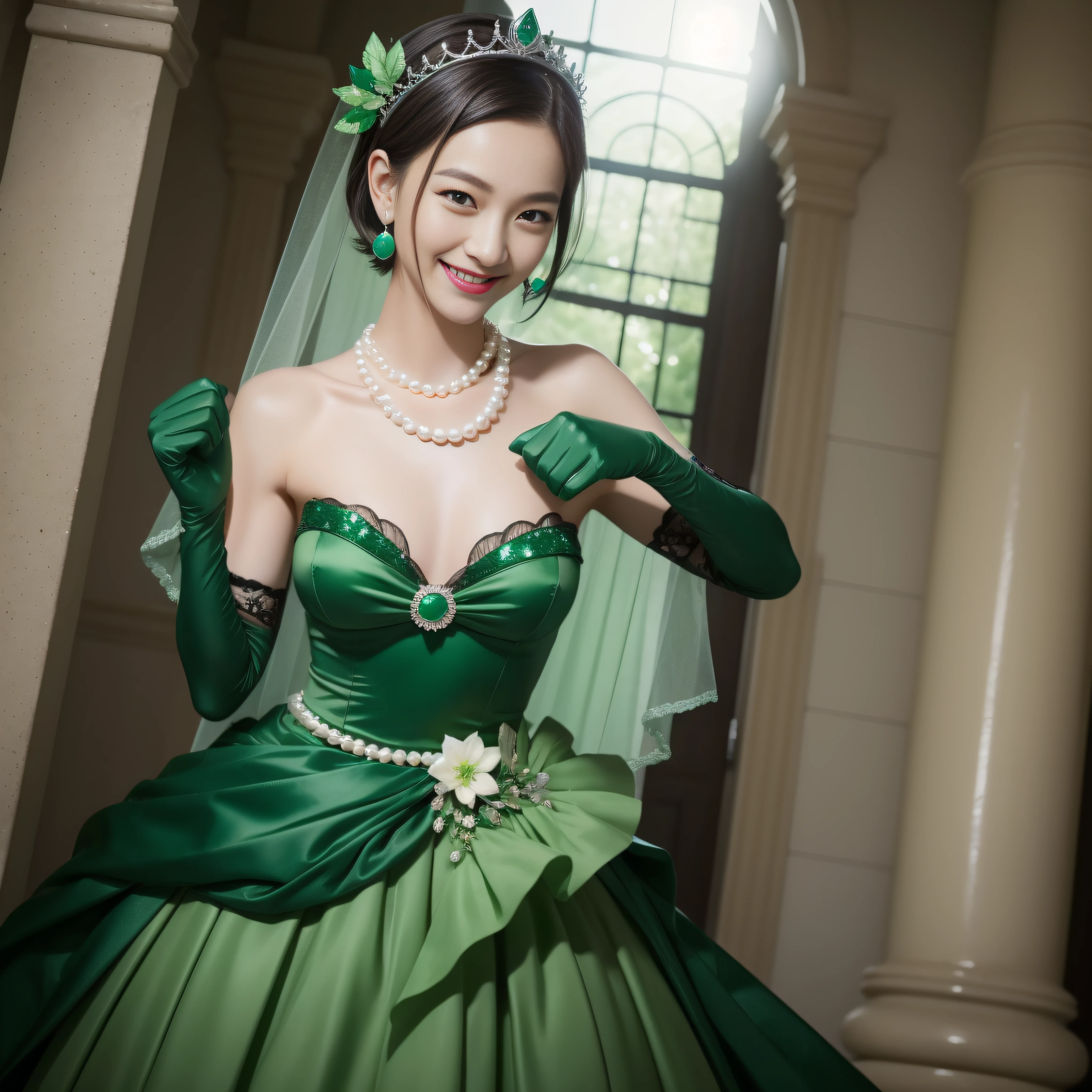 boyish very short hair, lipsticks, Japan woman smiling, Green Long Grove, emerald tiara, Pearl Necklace