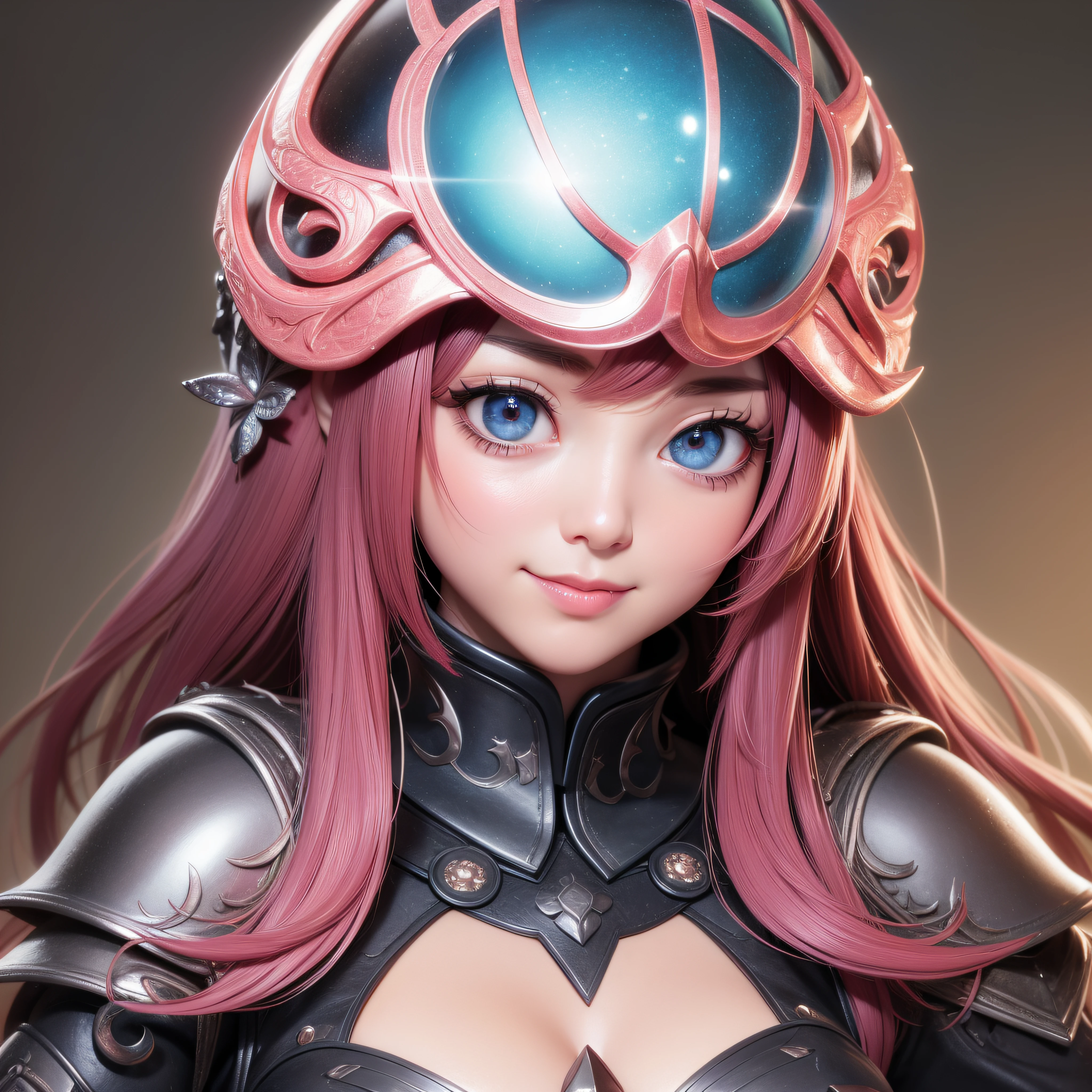 Armoured helmet、Armoured helmet、Close up of a smile with the corners of the mouth raised、Smiling Armor Doll、Armoured helmet、armor girl、Armor Costume、Cosplay、(realisitic、hight resolution)、(1 girl in)、armor girl、Do-Up Eye、Korean Girl、(Best Quality), (masutepiece), (1girl in), Solo, a beauty girl, Perfect face, dreamlikeart、Highly detailed airbrush art((Surreal))、Volumetric lighting、(top-quality)、The ultra-detailliert、(The composition of the movement:1.4)、Highly detailed colorful details、(Bright lighting)、dynamic compositions、Ray traching、The mirror reflects light、Shallow depth of field、ultra-detailliert、mixing exposure、nffsw、Her eyes are glowing pink、Her face is full of anticipation and courage、A smile appears on the lips of a girl。 At the rear、The sun is slowly tilting to the west。Her eyes are clearly glowing pink。