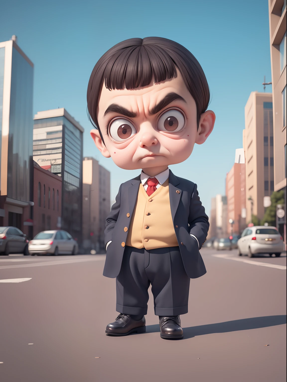 Mr. Bean, big head, big eyes,small body, full body, beautiful shoes, city background, (8k, best quality, masterpiece:1.2),(best quality:1.0), (ultra highres:1.0)