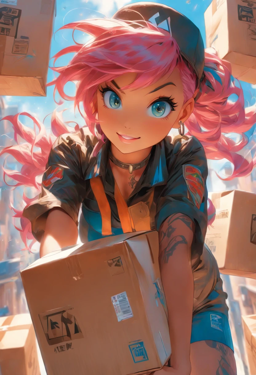 The most beautiful and sexy UPS delivery girl, pink hair, blue eyes, dark skin, wearing UPS uniform, tattoos and piercings, holding a package, perfect masterpiece, high quality, high resolution