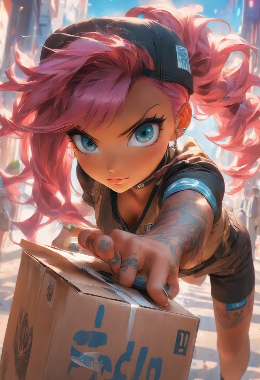 The most beautiful and sexy UPS delivery girl, pink hair, blue eyes, dark skin, wearing UPS uniform, tattoos and piercings, holding a package, perfect masterpiece, high quality, high resolution