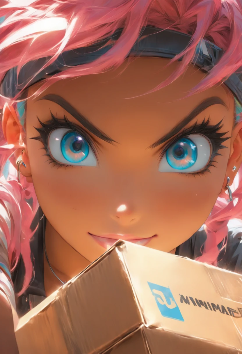 The most beautiful and sexy UPS delivery girl, pink hair, blue eyes, dark skin, wearing UPS uniform, tattoos and piercings, holding a package, perfect masterpiece, high quality, high resolution