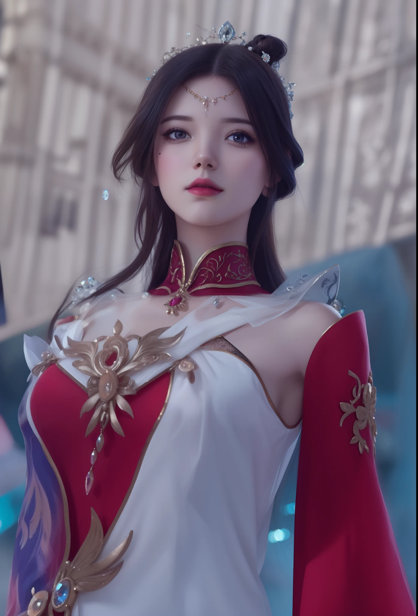 (hyperrealistic), (illustration), (high resolution), (8K), (extremely detailed), (best illustration), (beautiful detailed eyes), (best quality), (ultra-detailed), (masterpiece), (wallpaper), (photorealistic), (natural light), (rim lighting), (detailed face), (high detailed realistic skin texture), (anatomically correct), (solo), (1 girl), (high detailed realistic hair), (black hair:1.2), (heterochromic eyes), (detailed brown eyes), (sparkling eyes), (small moles under the eyes), (realistic big breasts:1.5), (exposed nipple breasts:1.35), (long legs), (slender abs), (dynamic pose), (closed tiny mouth:1.3), nsfw,
