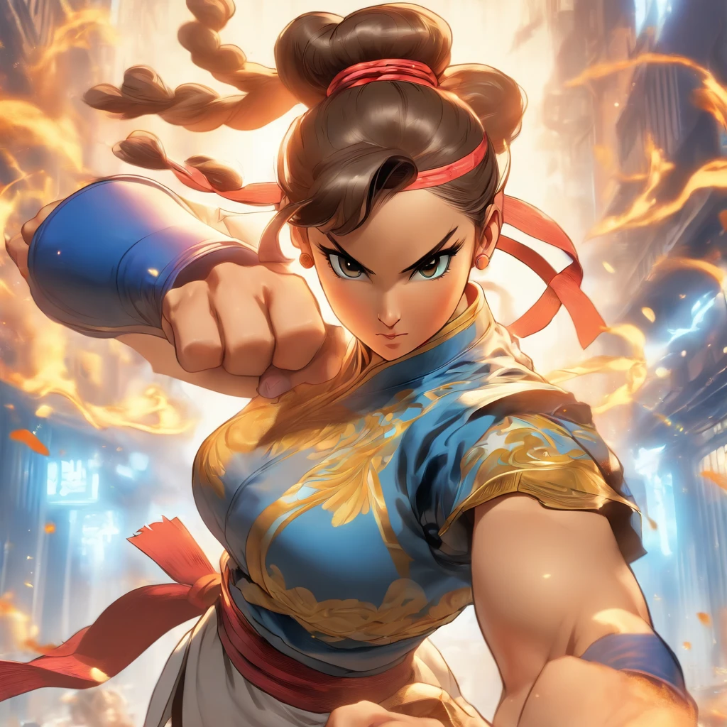 Chun-Li in the Niji style, a symbol of strength and grace, vibrant and striking colors, dynamic and iconic pose, determined and confident expression, comic book-inspired detailing, and a larger-than-life presence that perfectly captures her character's martial arts prowess in the Niji style.