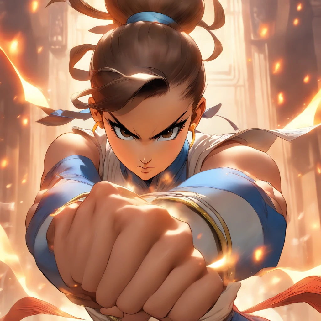 Chun-Li in the Niji style, a symbol of strength and grace, vibrant and striking colors, dynamic and iconic pose, determined and confident expression, comic book-inspired detailing, and a larger-than-life presence that perfectly captures her character's martial arts prowess in the Niji style.