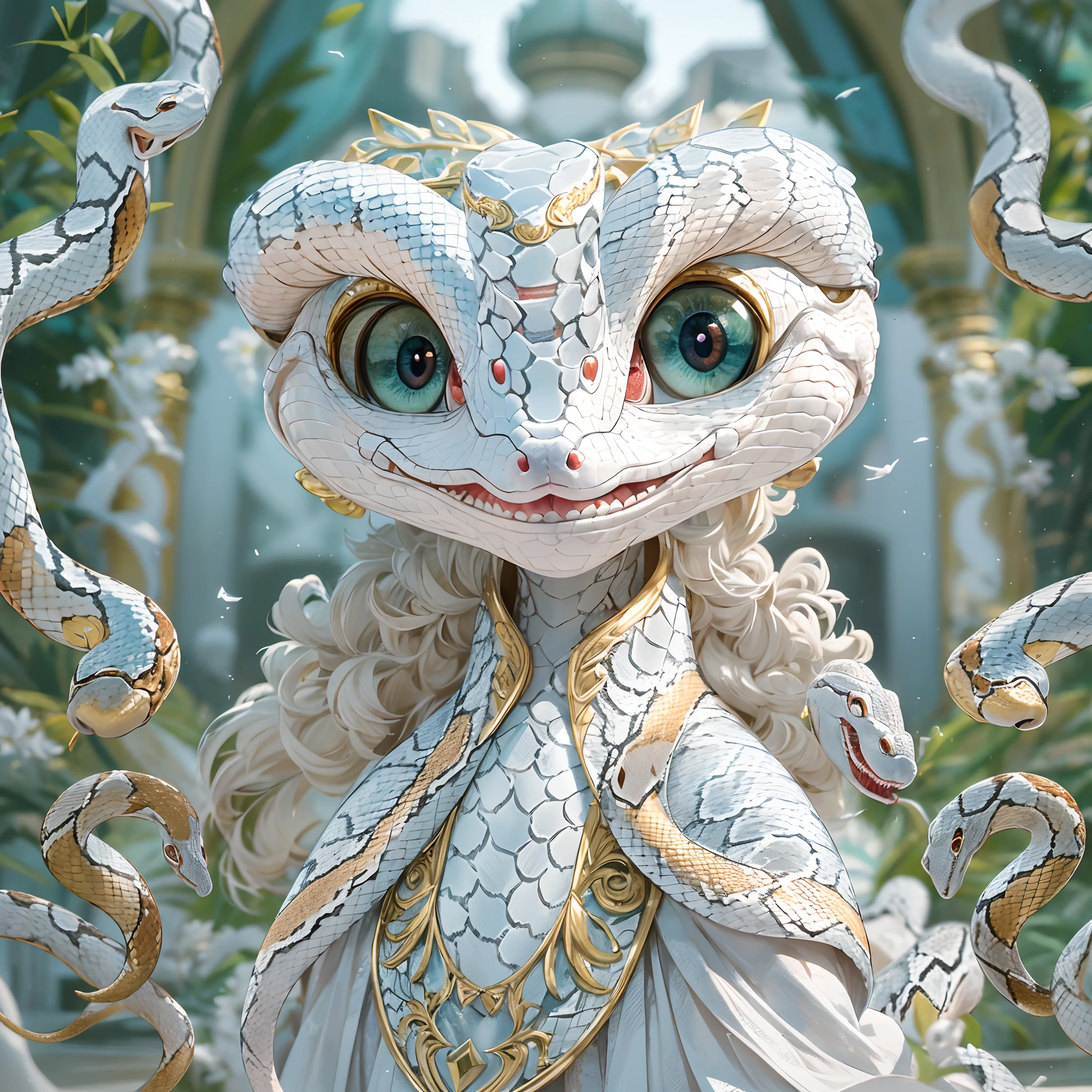 symetrical composition,Epic lighting,wind and cloud special effects,Pixar style super cute (anthropomorphic White Snake:1.5), wearing hanfu and crystal crown, standing, charming big eyes, lovely tail, standing, surreal, super fine, luxurious, elegant standing, charming big eyes, lovely tail, standing, surreal,/imagine prompt: insanely detailed and intricate, hypermaximalist, elegant, ornate, hyper realistic, super detailed super detailed, luxurious, elegant, complex, gorgeous, illusory engine, octane rendering, 8K, VRAY surrealism
