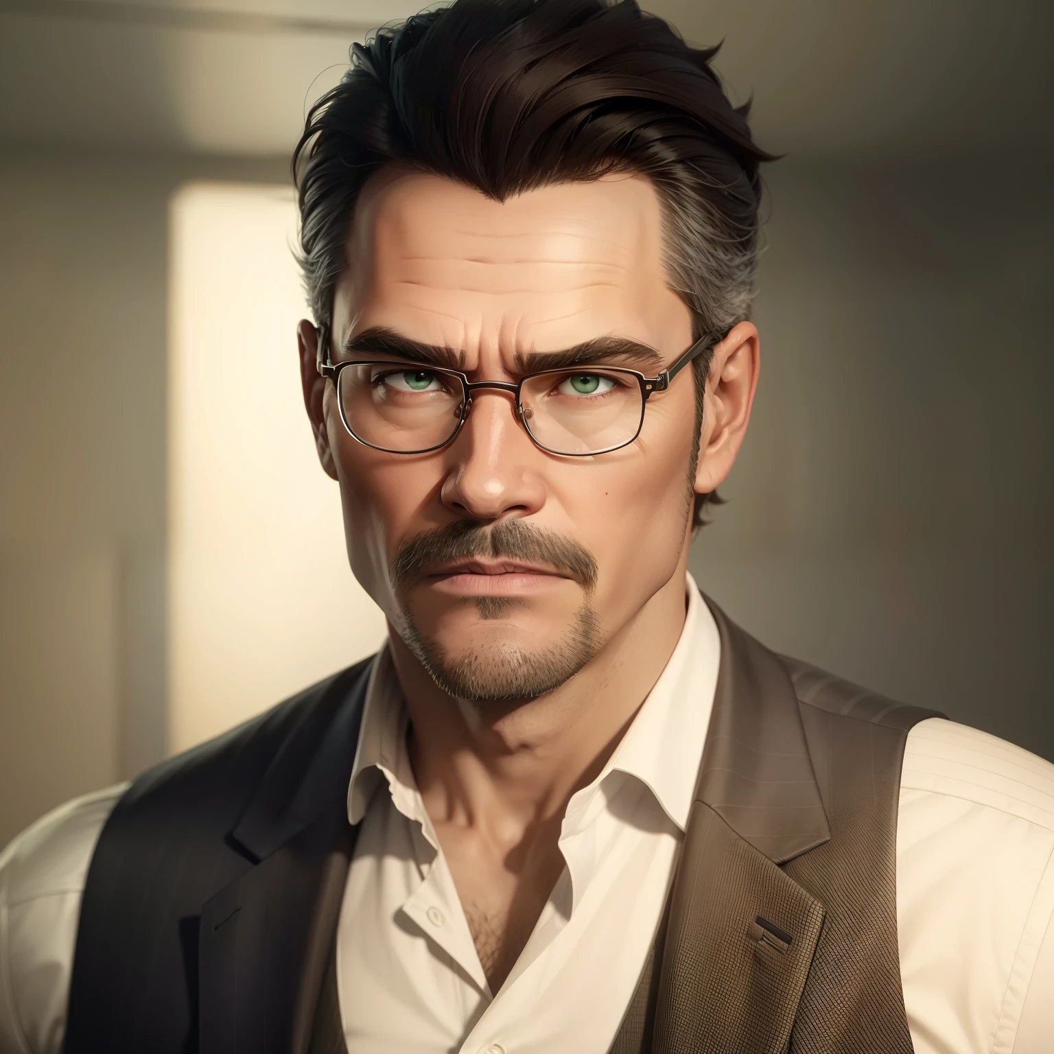 1man. 50-year-old man. Daddy aesthetic. Serious expression. Appropriate attire for lawyer job, like suit and vest. Courthouse office setting. ((Trimmed and neat hair)). Dark brown hair with greying edges. Trimmed stubble. Pine-green eyes. Reading glasses. Beige skin tone and faintly scarred. Tall and intimidating. Wide shot. Not_portrait.