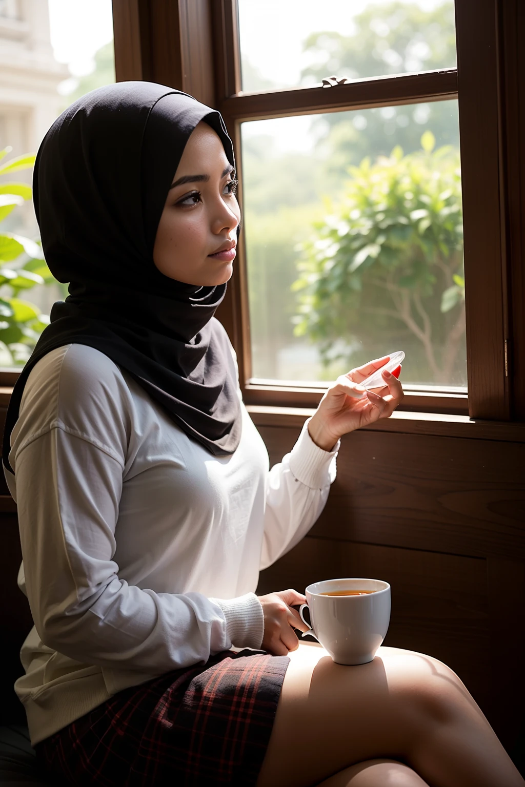 Capture the serene beauty of a Malay girl in hijab as she enjoys her morning ritual of sipping tea by a sunlit window, her contemplative gaze reflecting a moment of calm