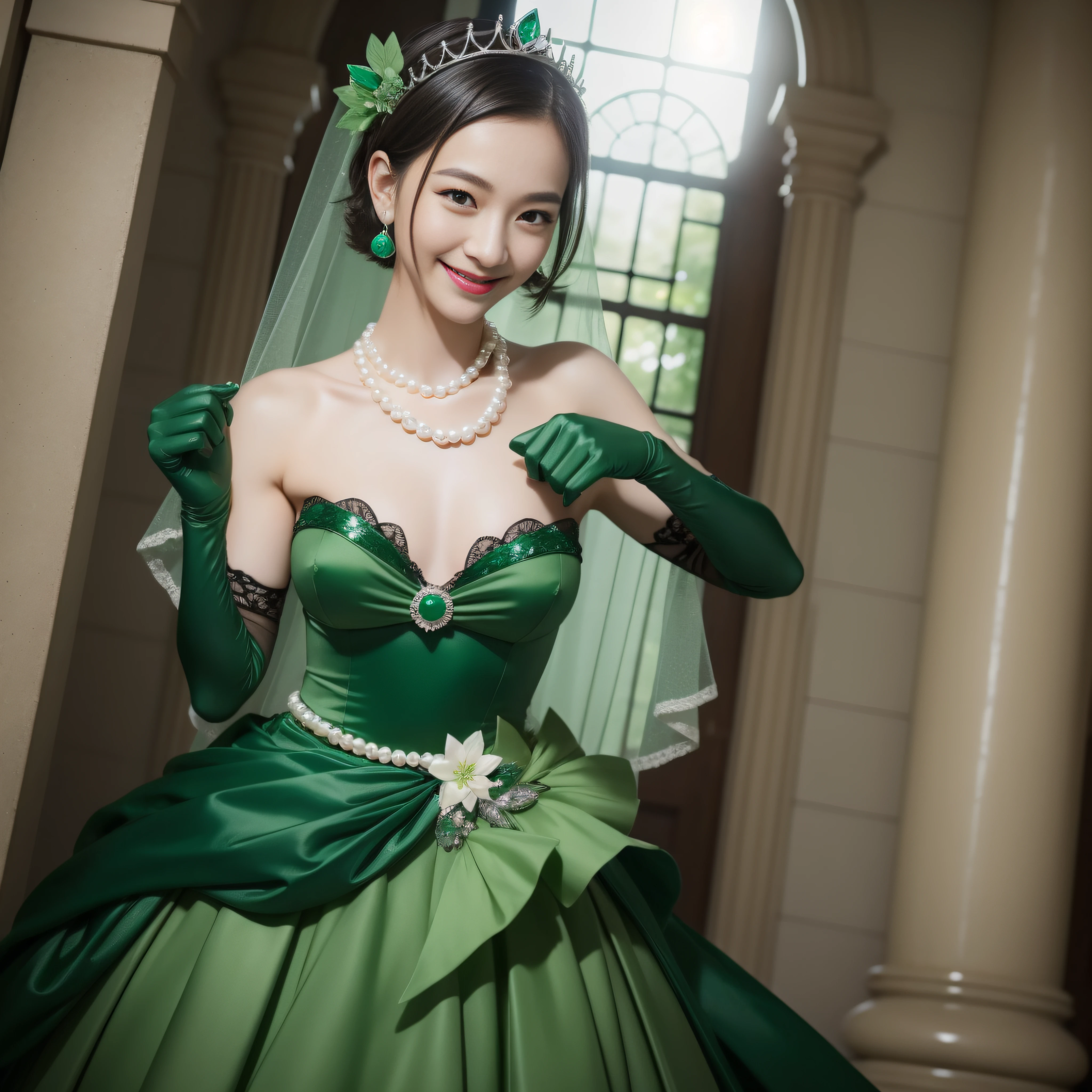 boyish very short hair, lipsticks, Japan woman smiling, Green Long Grove,　emerald tiara, Pearl Necklace