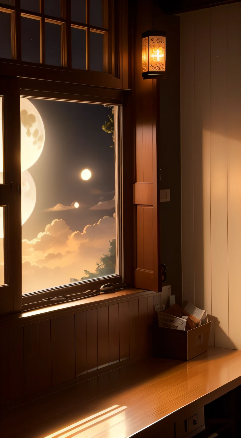 There is a window on the wall，Full moon in the window，To the left of the window there is a box hanging from the wall，Mid-Autumn Festival