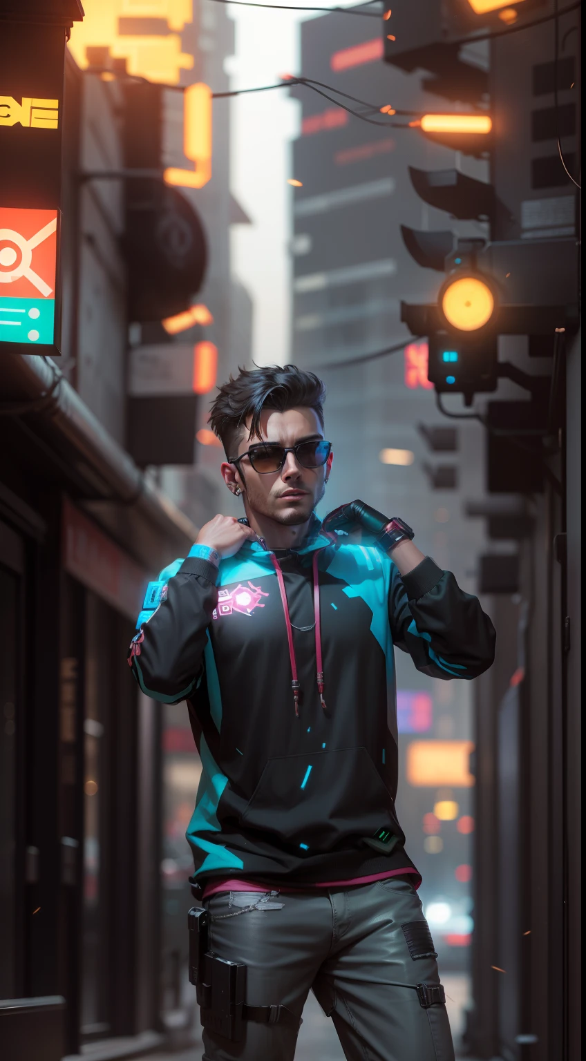 Change background into cyberpunk, handsome boy, hyperrealistic, 8k,