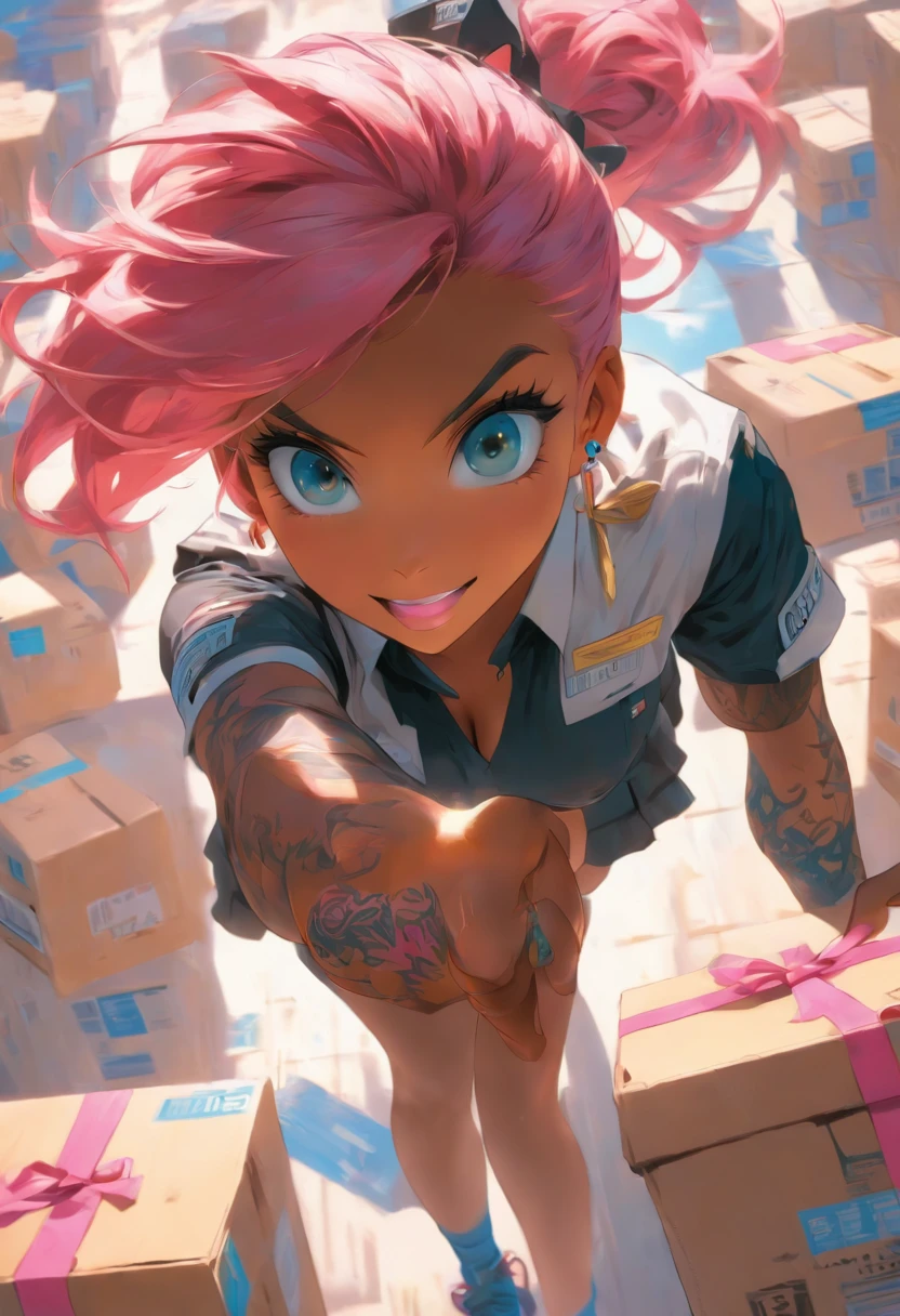 The most beautiful and sexy UPS delivery service girl, pink hair, blue eyes, dark skin, wearing UPS uniform, tattoos and piercings, holding a package, perfect masterpiece, high quality, high resolution