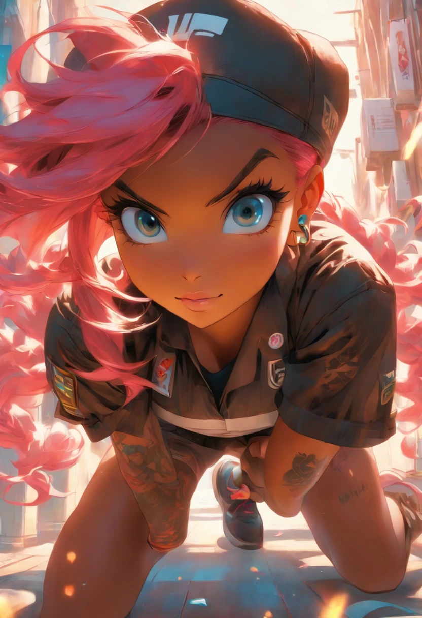 The most beautiful and sexy UPS delivery girl, pink hair, blue eyes, dark skin, wearing UPS uniform, tattoos and piercings, holding a package, perfect masterpiece, high quality, high resolution