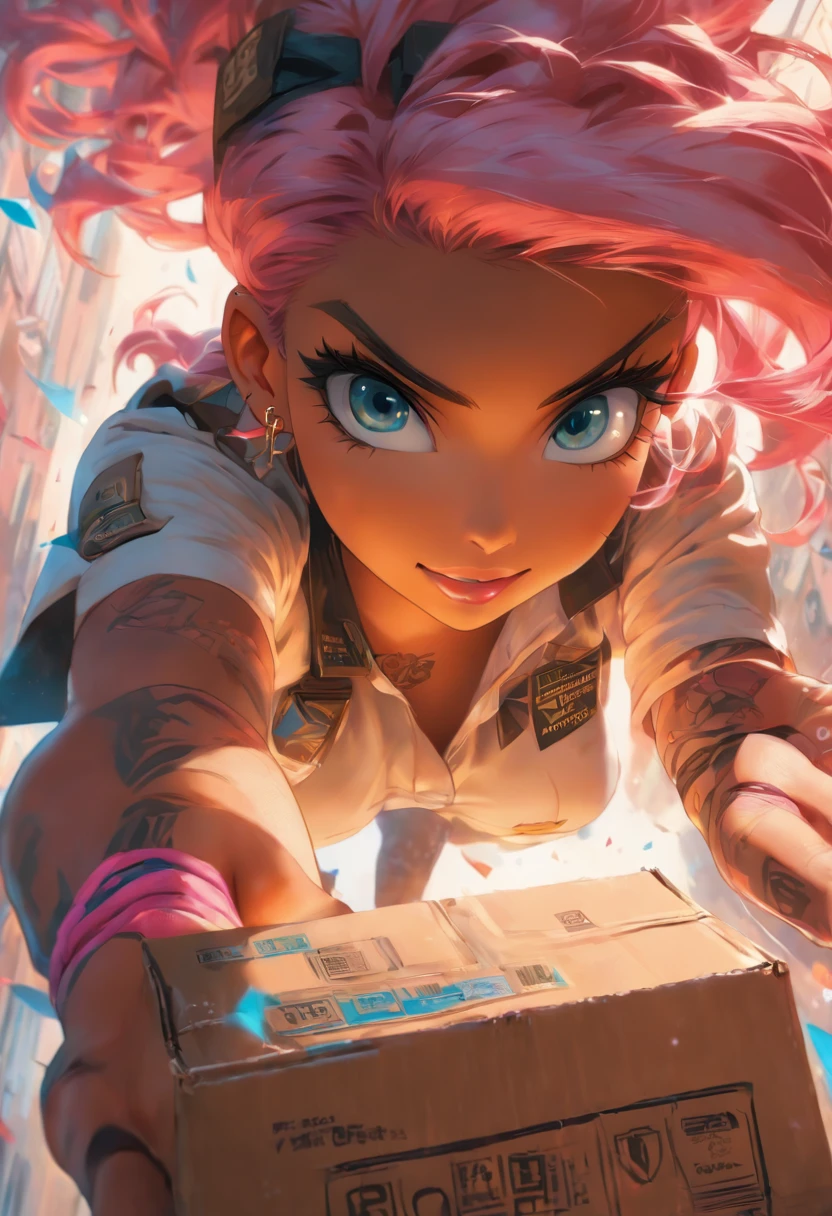 The most beautiful and sexy UPS delivery service girl, pink hair, blue eyes, dark skin, wearing UPS uniform, tattoos and piercings, holding a package, perfect masterpiece, high quality, high resolution