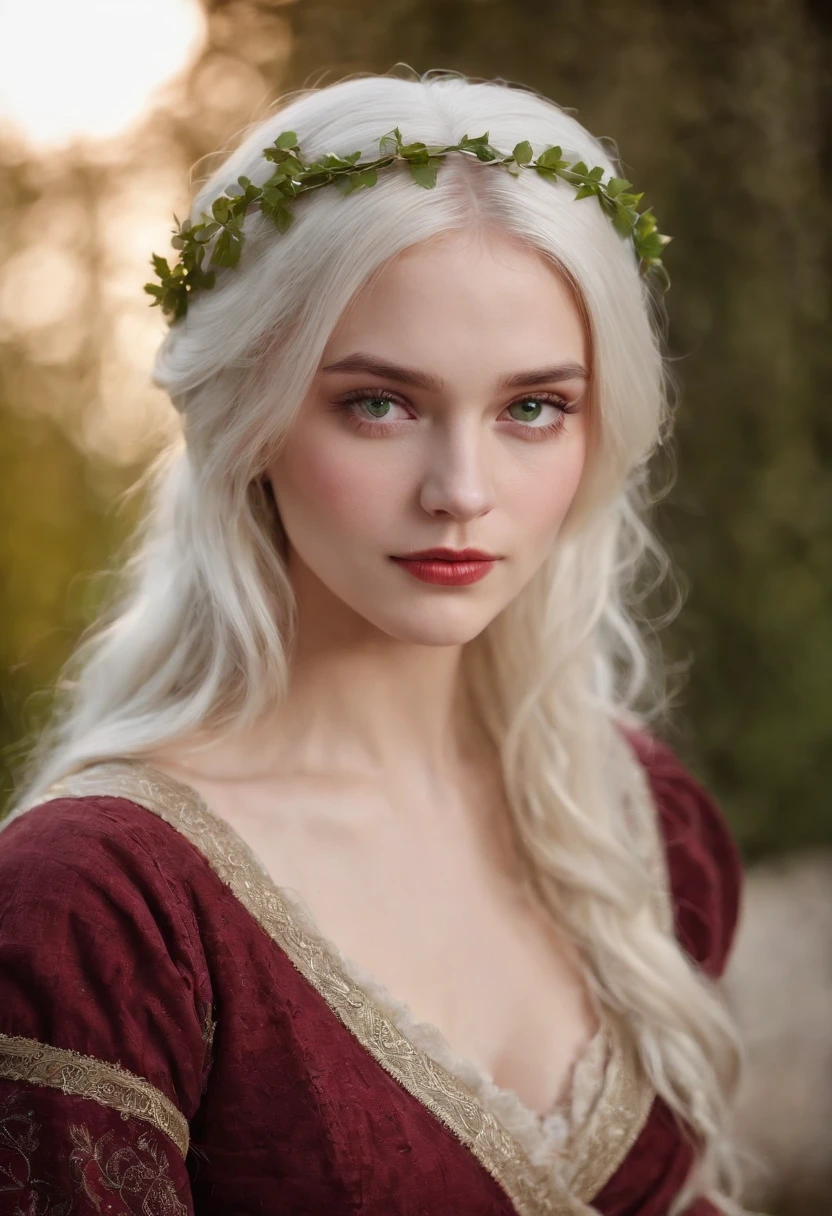 (((a deep reddish wound crosses her left cheek))) fair complexion, woman around 19 years old, natural white hair, distinctive green eyes, wearing kohl, slender and graceful, beautiful, candlelight in a medieval setting, ultra sharp focus, realistic shot, medieval female clothes, tetradic colors (scar:1.4)