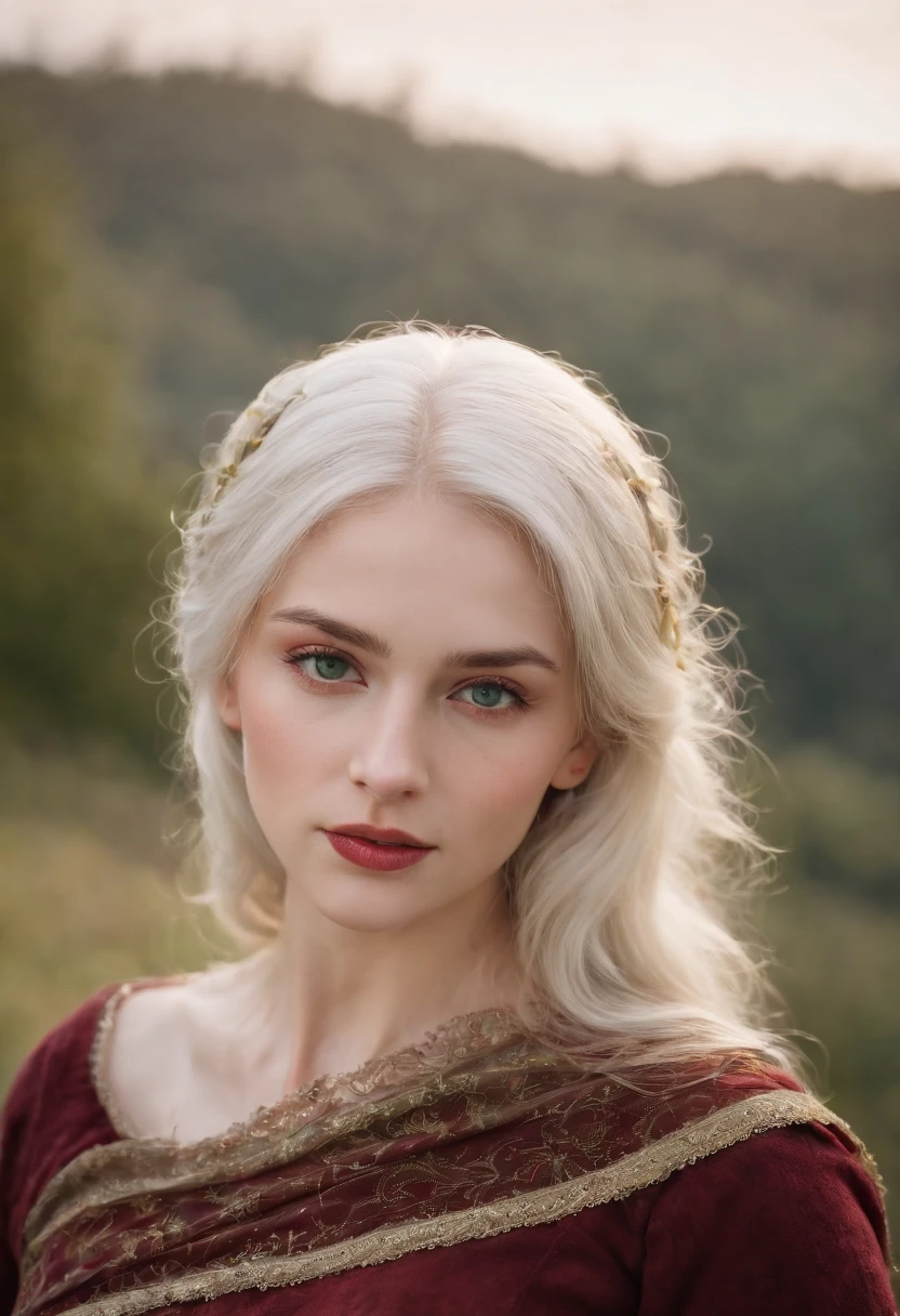(((a deep reddish wound crosses her left cheek))) fair complexion, woman around 19 years old, natural white hair, distinctive green eyes, wearing kohl, slender and graceful, beautiful, candlelight in a medieval setting, ultra sharp focus, realistic shot, medieval female clothes, tetradic colors (scar:1.4)