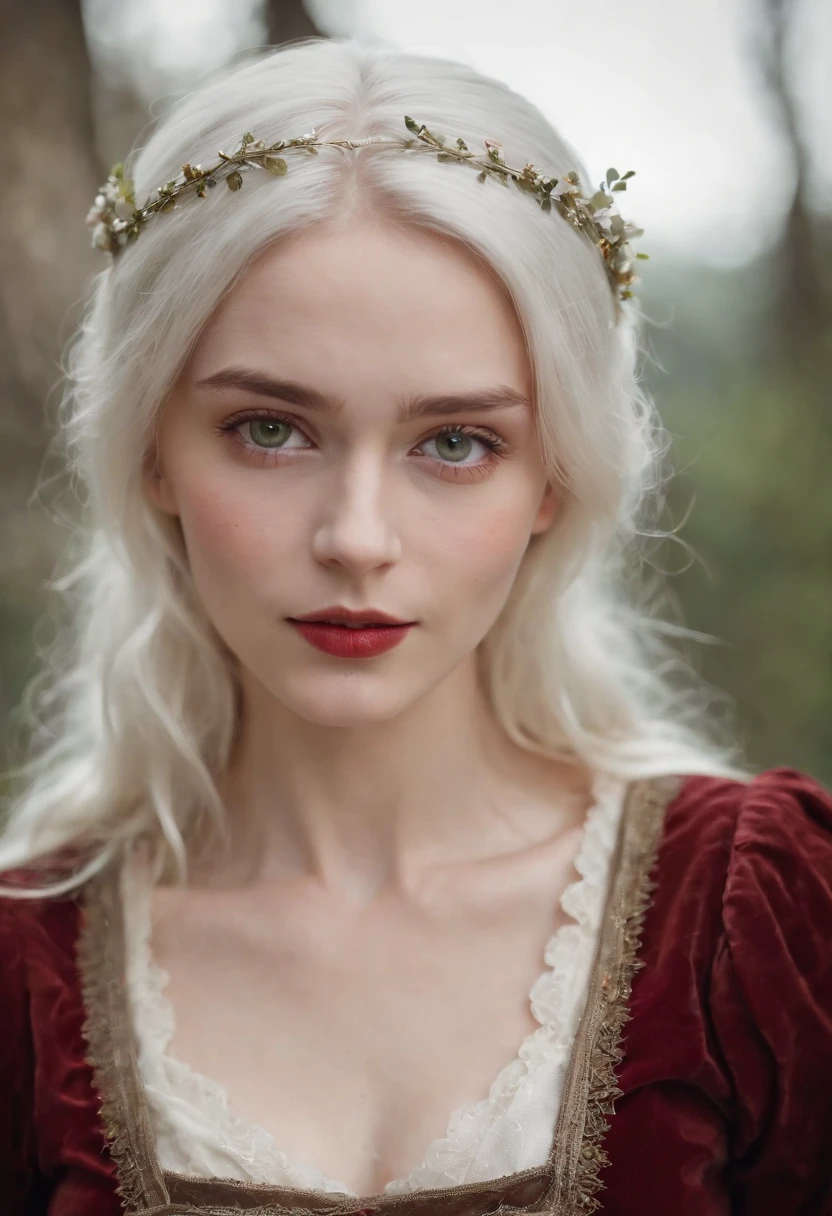 (((a deep reddish wound crosses her left cheek))) fair complexion, woman around 19 years old, natural white hair, distinctive green eyes, wearing kohl, slender and graceful, beautiful, candlelight in a medieval setting, ultra sharp focus, realistic shot, medieval female clothes, tetradic colors (scar:1.4)