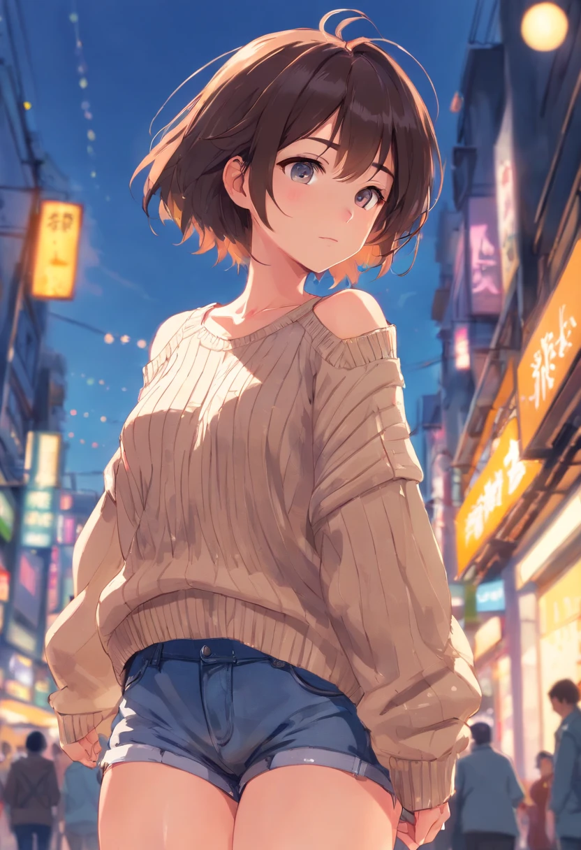 (), Bigboobs,(Masterpiece), Best quality, Extremely detailed, (aquarelle), full bloom, Delicate and beautiful, illustration, (From below),(1girll:1.4), (Solo:1.2), Large breasts, (ribbed sweater:1.3), off-shoulder sweater, (Short shorts:1.2), Bare shoulders, (underbust), ((Dark skin:0.8)), Beautiful eyes, (Disheveled hair ), Photography, over the shoulder shot, author:Alex Maleev, professional, Canon camera, Nikon camera, Sharp, Bokeh, Studio quality, fisheyelens, author:Robert Capa ,