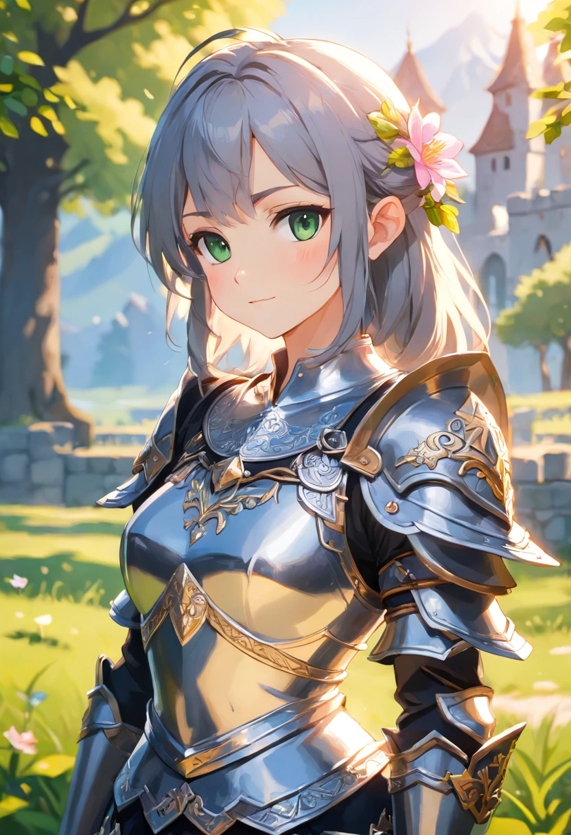 3d animation, chibi character, (masterpiece, best quality),(extremely intricate:1.3), (realistic), 1girl, milf, caucasian, green eyes, perfect eyes, perfect iris, perfect pupils, perfect lips, perfect nose, perfect hands, very detailed hands, perfect fingers, black hair, short hair, straight hair, bobbles ponytail hair, (medieval armor), metal reflections, (((silver armor))), outdoors, far away castle, (ornately decorated armor), (insanely detailed, bloom:1.5), chainmail, intense sunlight, professional photograph of a stunning woman detailed, sharp focus, award winning, cinematic lighting, blurry background, upper body, ((confident)), (Pose:looking at the camera), shadows, contrast, clear blue sky, constellations, peaceful, serene, quiet, tranquil, remote, secluded, adventurous, exploration, escape, independence, survival, resourcefulness, challenge, perseverance, stamina, endurance, observation, intuition, adaptability, creativity, imagination, artistry, inspiration, beauty, awe, wonder, gratitude, appreciation, relaxation, enjoyment, rejuvenation, mindfulness, awareness, connection, harmony, balance, texture, detail, realism, depth, perspective, composition, color, light, shadow, reflection, refraction, tone, contrast, foreground, middle ground, background, naturalistic, figurative, representational, impressionistic, expressionistic, abstract, innovative, experimental, unique
