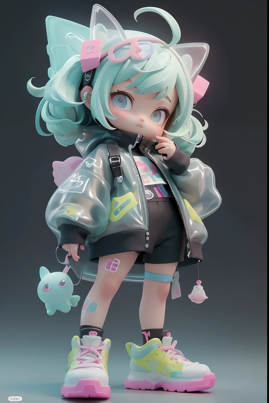 Cute little girl wrapped in transparent plastic, chibi, fluorescent translucent sports fashion trend clothing, wearing Nike shoes, candy color, simple and bright background, 3D toys, cyberpunk style, cinema4d, octane render, 3d model, collectible toys,Nendoroid,streetstyle,Pixar,big shoes , fashion trends, close-up, full body --ar 3:4 --q 2 50 --niji 5 --niji 5 --s 100 --style expressive --s 2