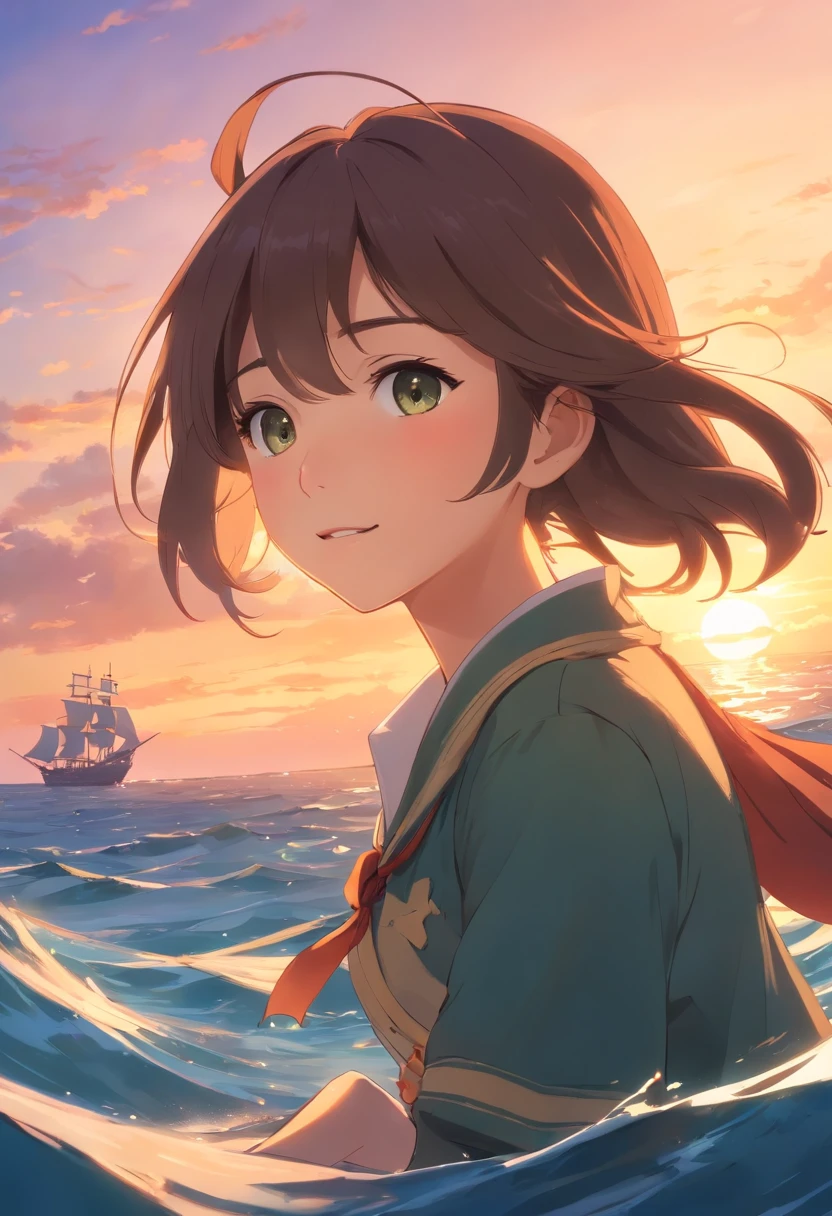 masterpiece, best quality, movie still, 1girl, pirate girl, floating in the sea, close-up, bright, happy, warm soft lighting, sunset, (sparks:0.7), pirate vibe