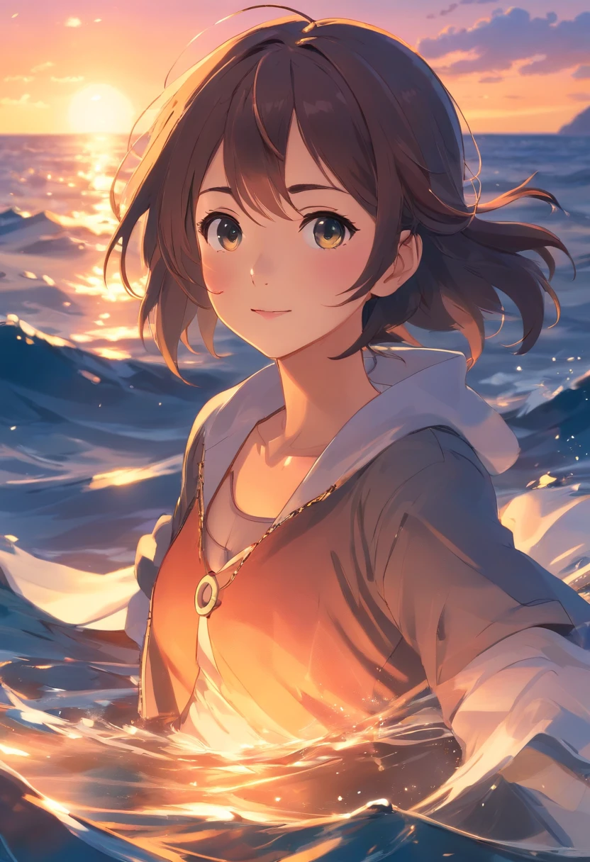 masterpiece, best quality, movie still, 1girl, pirate girl, floating in the sea, close-up, bright, happy, warm soft lighting, sunset, (sparks:0.7), pirate vibe