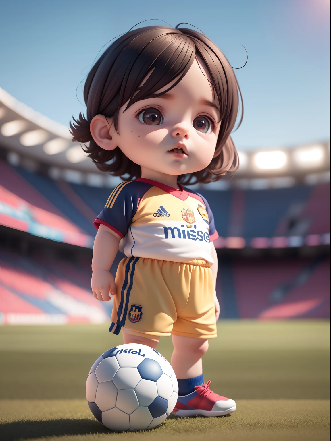 lionel messi, football jersey, big head, big eyes, small body, full body, sport shoes, stadium background, (8k, best quality, masterpiece:1.2),(best quality:1.0), (ultra highres:1.0)
