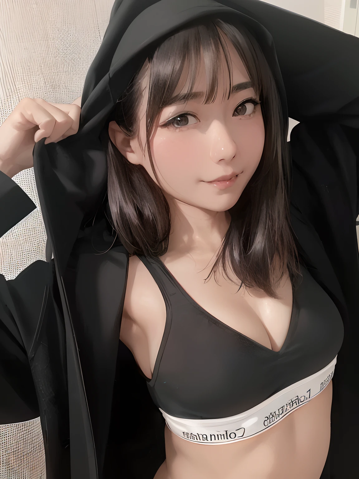 Arab asian woman in black sports bra top and black jacket, 奈良美智, sakimichan, chiho, Realistic Young Gravure Idol, Open V chest clothes, girl cute-fine-face, 2 female model, Young Pretty Gravure Idol, Korean Girl, reluvy5213