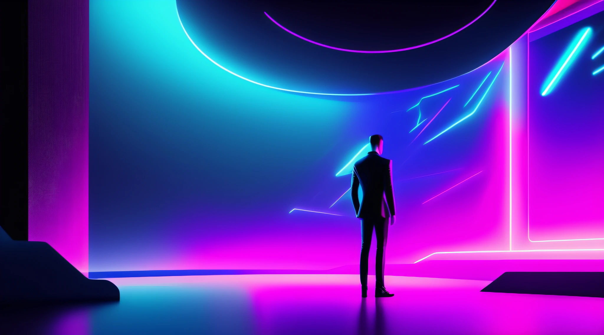 A futuristic, dimly lit room with neon lights flashing and futuristic music playing in the background. The camera pans in, revealing man, the charismatic host, standing in front of a massive holographic screen