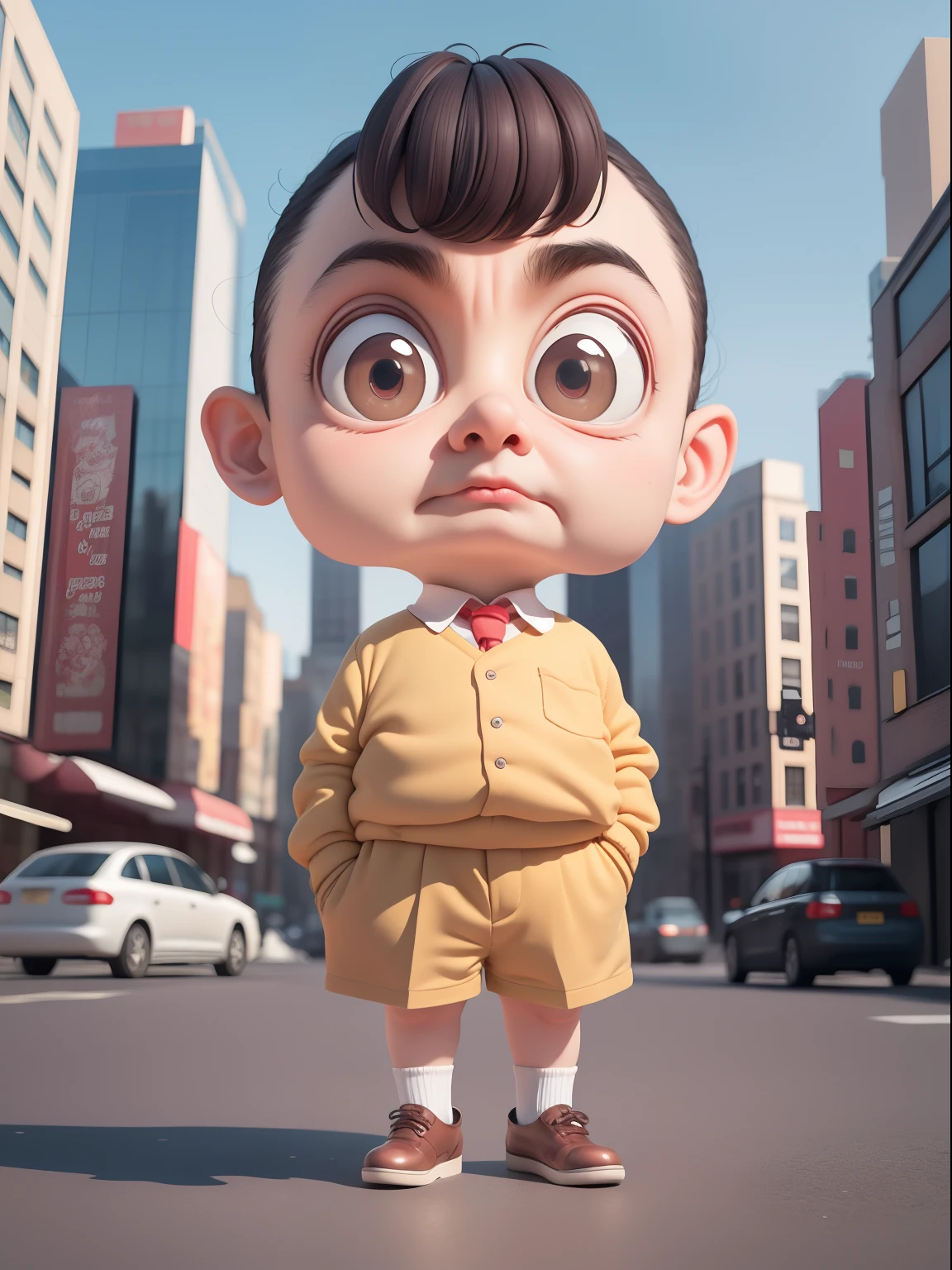 Mr. Bean, big head, big eyes,small body, full body, beautiful shoes, city background, (8k, best quality, masterpiece:1.2),(best quality:1.0), (ultra highres:1.0)