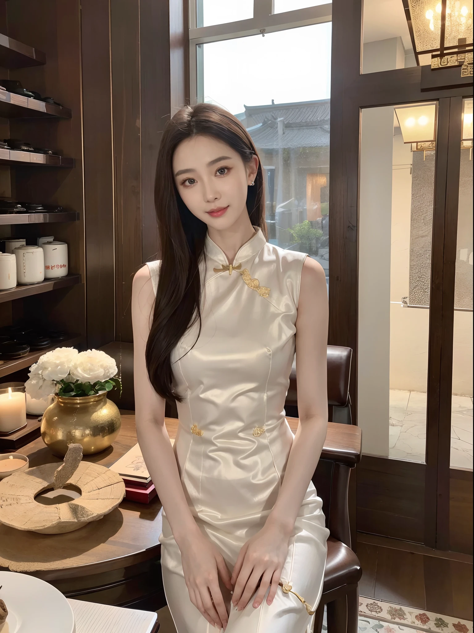 ，Masterpiece, Best quality，8K, 超高分辨率，Reallightandshadow，(Beautiful eyes looking into the camera:1.2)，True skin texture，Beautuful Women，Wearing a Chinese cheongsam，High-end luxurious and beautiful environment，