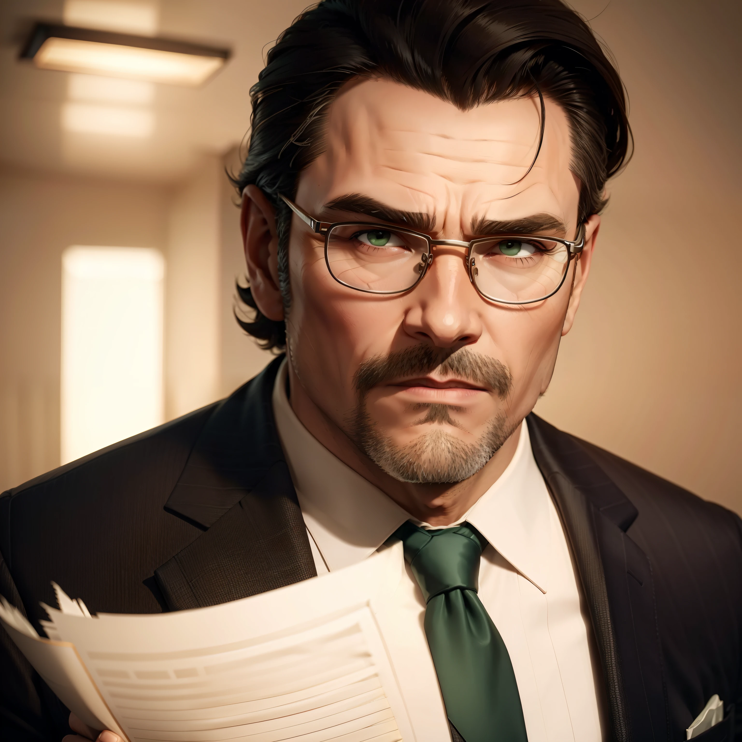 1man. 50-year-old man. Daddy aesthetic. Serious expression. Appropriate attire for lawyer job, like suit and vest. Courthouse office setting. ((Trimmed and neat hair)). Dark brown hair with greying edges. Trimmed stubble. Pine-green eyes. Reading glasses. Beige skin tone and faintly scarred. Tall and intimidating. Wide shot. Not_portrait.