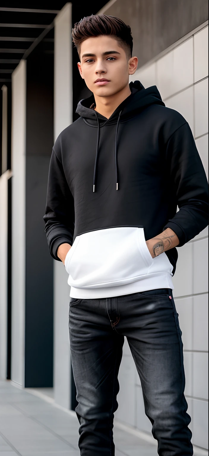 Twink in black hoodie and jeans posing for photo, wearing jeans and a black hoodie, Pose casual, roupas casuais modernas, usando roupas casuais, tiro de corpo inteiro hiperdetalhado, usando um capuz preto, roupas casuais modernas, roupas realistas, Roupas realistas, usando capuz, usando um capuz, usando um capuz, usando roupas casuais garoto, jovem, branco, magro