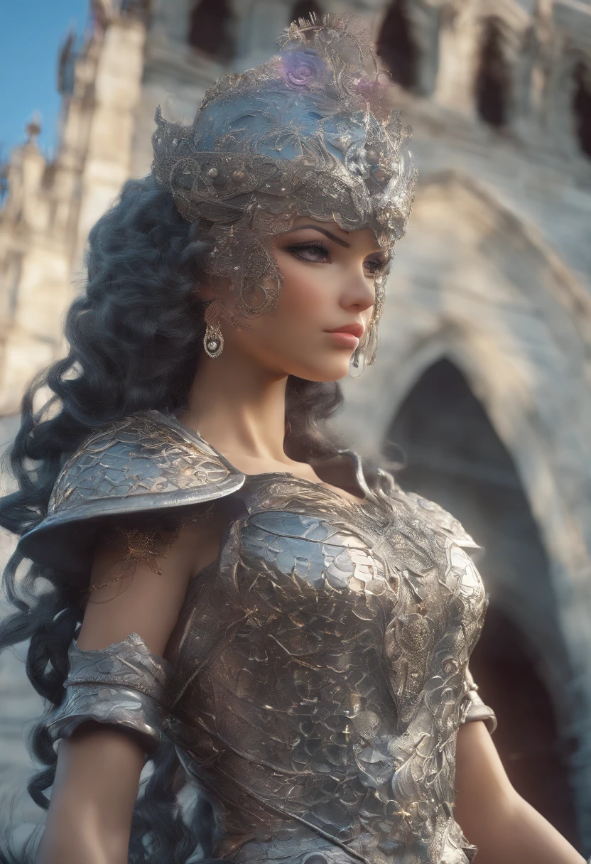 3d animation, chibi character, (masterpiece, best quality),(extremely intricate:1.3), (realistic), 1girl, milf, caucasian, green eyes, perfect eyes, perfect iris, perfect pupils, perfect lips, perfect nose, perfect hands, very detailed hands, perfect fingers, black hair, short hair, straight hair, bobbles ponytail hair, (medieval armor), metal reflections, (((silver armor))), outdoors, far away castle, (ornately decorated armor), (insanely detailed, bloom:1.5), chainmail, intense sunlight, professional photograph of a stunning woman detailed, sharp focus, award winning, cinematic lighting, blurry background, upper body, ((confident)), (Pose:looking at the camera), shadows, contrast, clear blue sky, constellations, peaceful, serene, quiet, tranquil, remote, secluded, adventurous, exploration, escape, independence, survival, resourcefulness, challenge, perseverance, stamina, endurance, observation, intuition, adaptability, creativity, imagination, artistry, inspiration, beauty, awe, wonder, gratitude, appreciation, relaxation, enjoyment, rejuvenation, mindfulness, awareness, connection, harmony, balance, texture, detail, realism, depth, perspective, composition, color, light, shadow, reflection, refraction, tone, contrast, foreground, middle ground, background, naturalistic, figurative, representational, impressionistic, expressionistic, abstract, innovative, experimental, unique