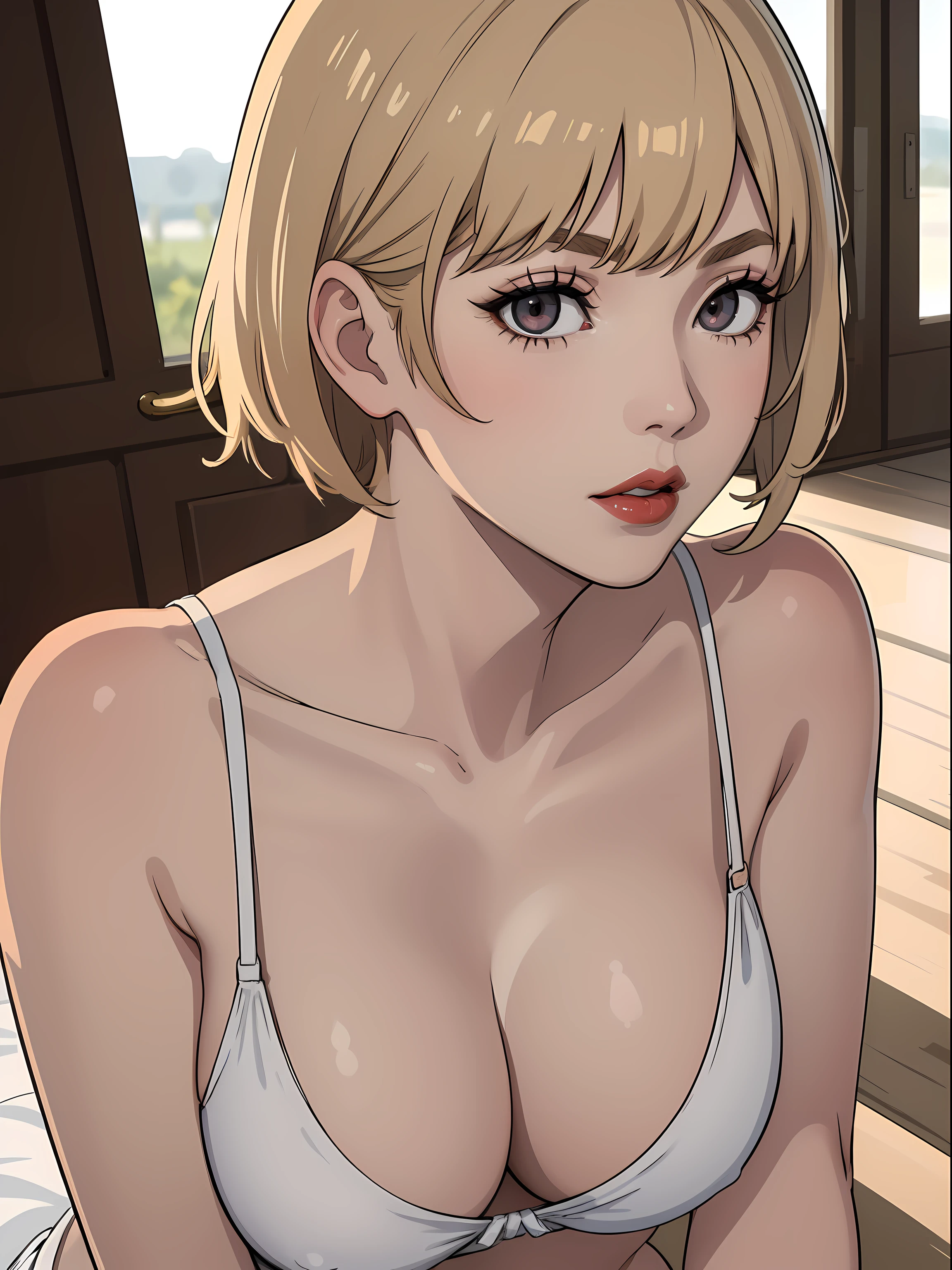 masterpiece, ,(solo:1.1), perfect face, (bright lighting:1.2),beautiful detailed eyes, extremely detailed face, perfect lighting,masterpiece, best quality, ((mature female)), ((large breasts)), 30yo female, 1girl, penis, hetero, 1boy, fellatio, oral, solo focus, red lips, short hair, blonde, lips, lipstick, red lips, red lipstick, face closeups, lips detail,