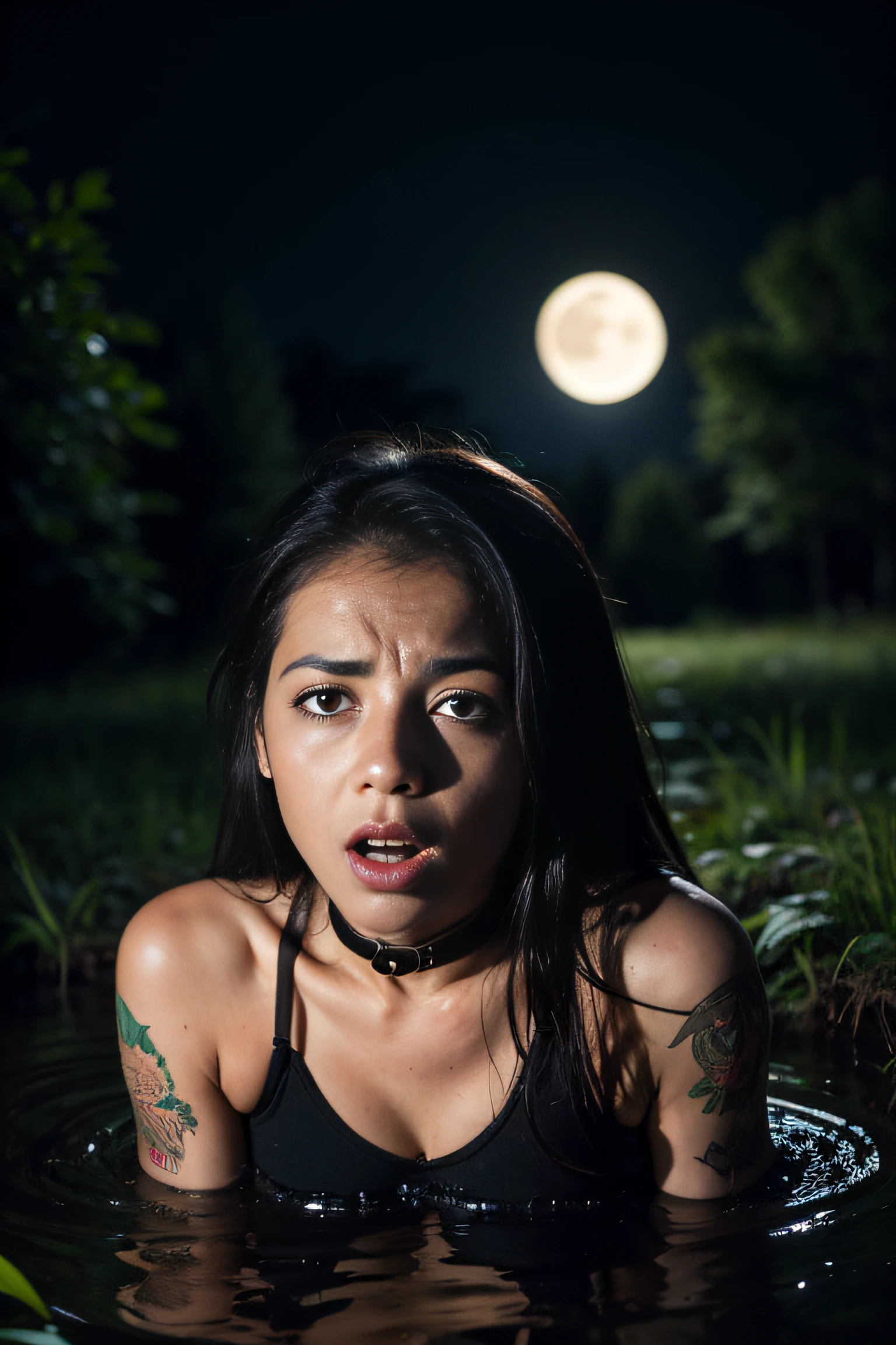 (Hyperrealistic photo, Ultra Detailed, Raw, tmasterpiece), Dark Forest, night time, The forest is illuminated by the moon because of the clouds, ominous red reflections in the distance. Dark ritual, when (A woman drowns in a bog). She is dressed in an ultra-short tight dress with thin straps and stockings with garters. A spiked collar grips her neck tightly. Tatoo. redness of a sweaty face. The face expresses a mixture of despair and intense ecstasy. The woman is desperately trying to reach the surface, but the mud is pulling her down, And she knows, that her last moments are near. Woman struggling to get out, but the bog takes her down into its dark embrace,