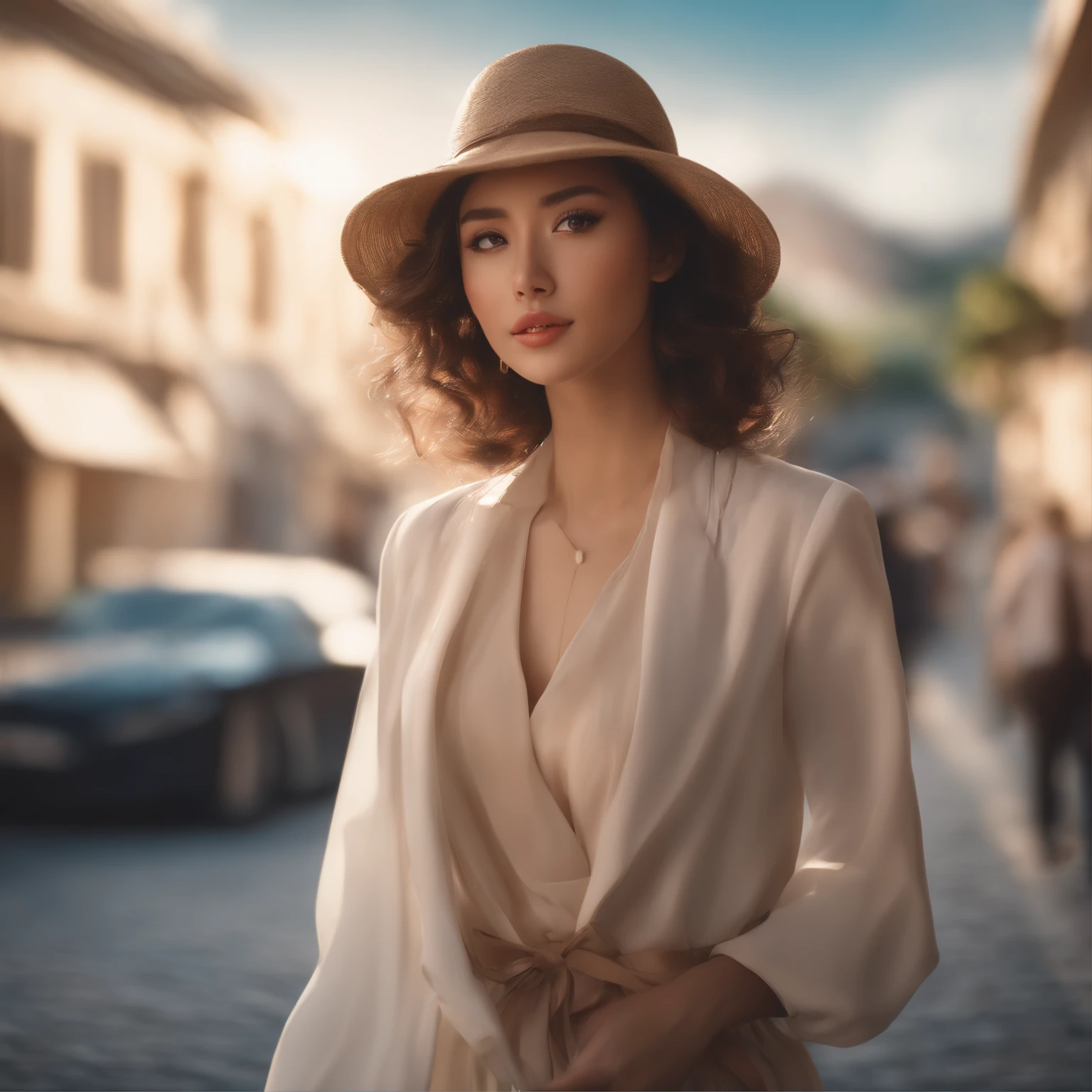 Transform the uploaded image into a captivating anime-style artwork. Picture a scene where soft, diffused sunlight embraces the subject, a model gracefully dressed in a modern one-piece outfit that seamlessly blends contemporary and classic aesthetics. The low-angle shot accentuates the model's grace, enhancing the interplay of shadows and highlights to create a scene reminiscent of anime artistry. Now, let's work the magic to turn this photograph into an enchanting anime-style masterpiece, where modern sophistication meets the allure of the anime world