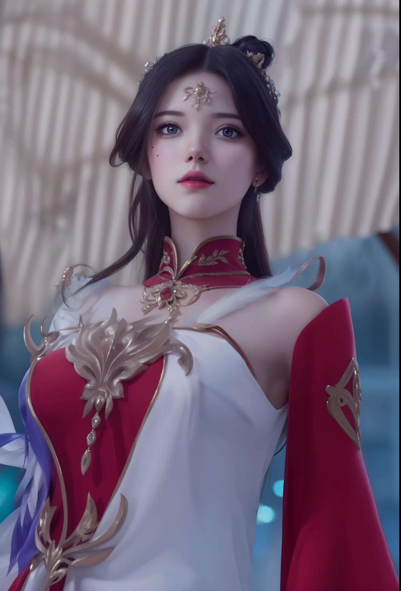 (hyperrealistic), (illustration), (high resolution), (8K), (extremely detailed), (best illustration), (beautiful detailed eyes), (best quality), (ultra-detailed), (masterpiece), (wallpaper), (photorealistic), (natural light), (rim lighting), (detailed face), (high detailed realistic skin texture), (anatomically correct), (solo), (1 girl), (high detailed realistic hair), (black hair:1.2), (heterochromic eyes), (detailed brown eyes), (sparkling eyes), (small moles under the eyes), (realistic big breasts:1.5), (exposed nipple breasts:1.35), (long legs), (slender abs), (dynamic pose), (closed tiny mouth:1.3), nsfw,
